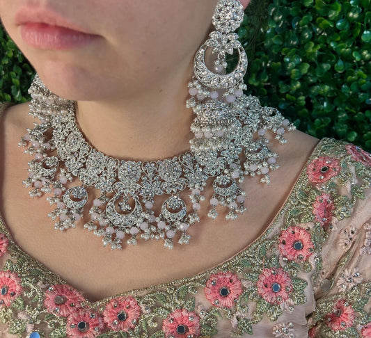 Silver Pink Bridal Indian Bridal Set/Silver Necklace Set/ Indian/Pink Necklace Set/Pink Necklace Set/ Wedding/Indian Bridal Jewellery