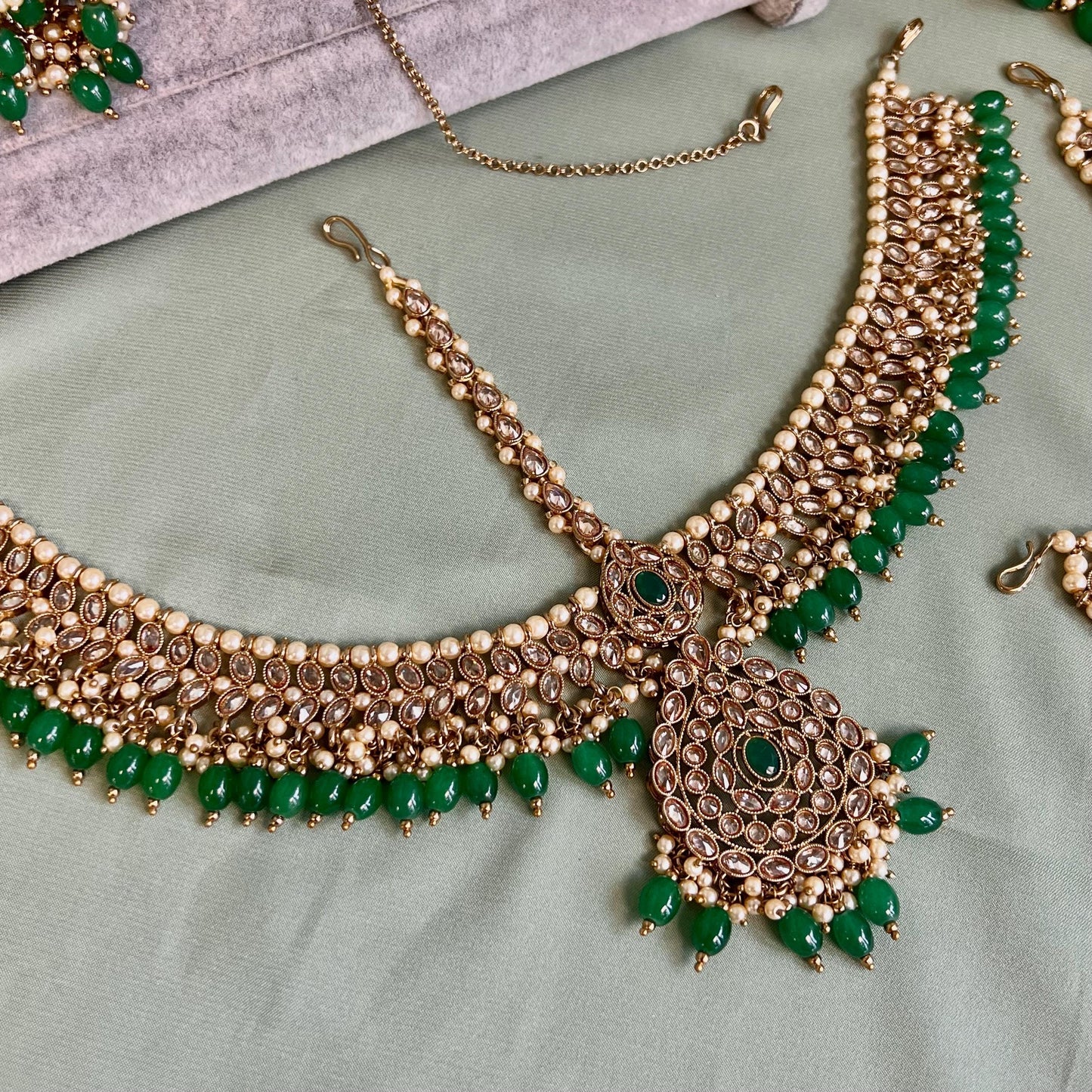 Full Green & Champagne Choker Bridal Set/Indian Jewellery/Bridal Jewellery/Green Bridal Jewellery/Pakistani Green Jewellery/