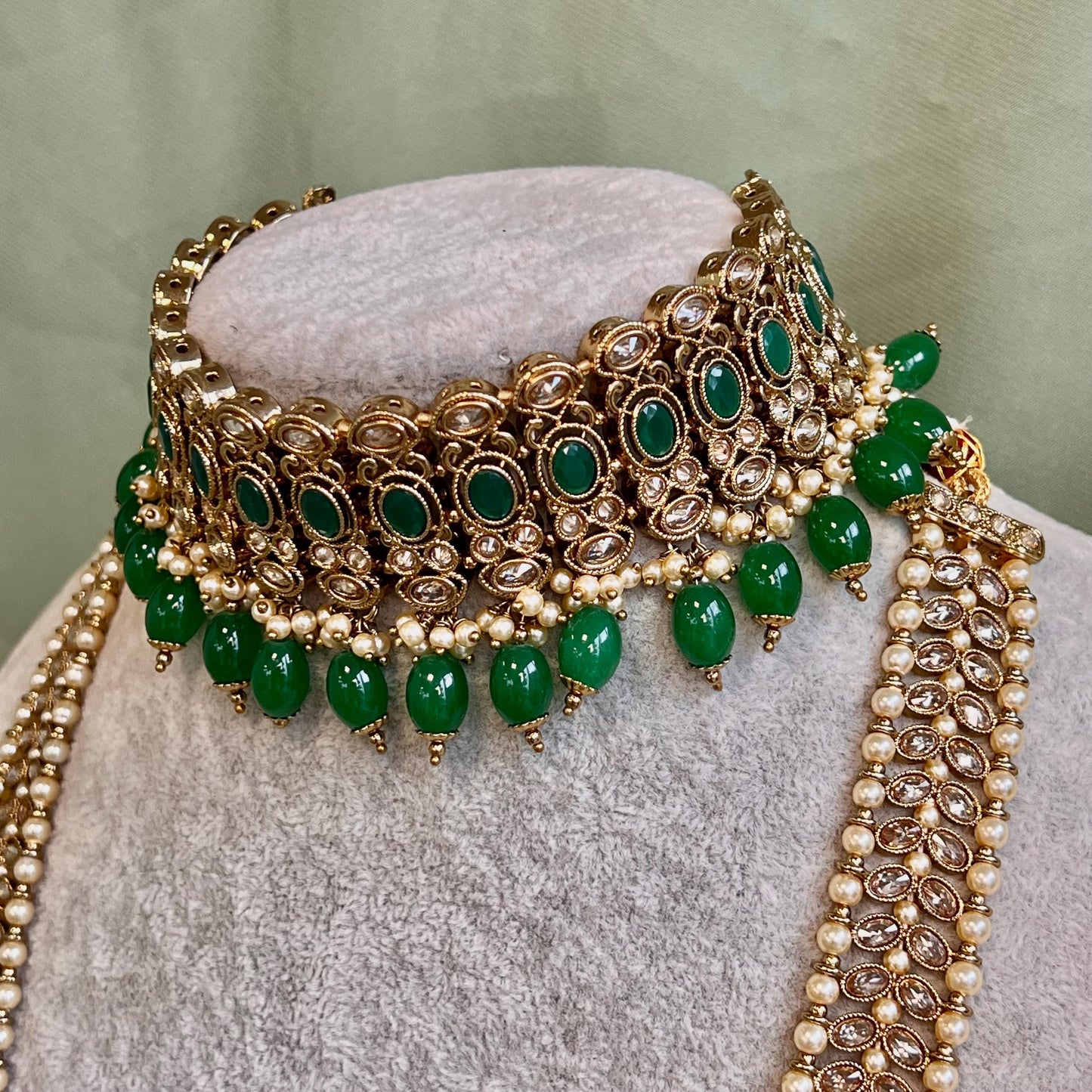 Full Green & Champagne Choker Bridal Set/Indian Jewellery/Bridal Jewellery/Green Bridal Jewellery/Pakistani Green Jewellery/