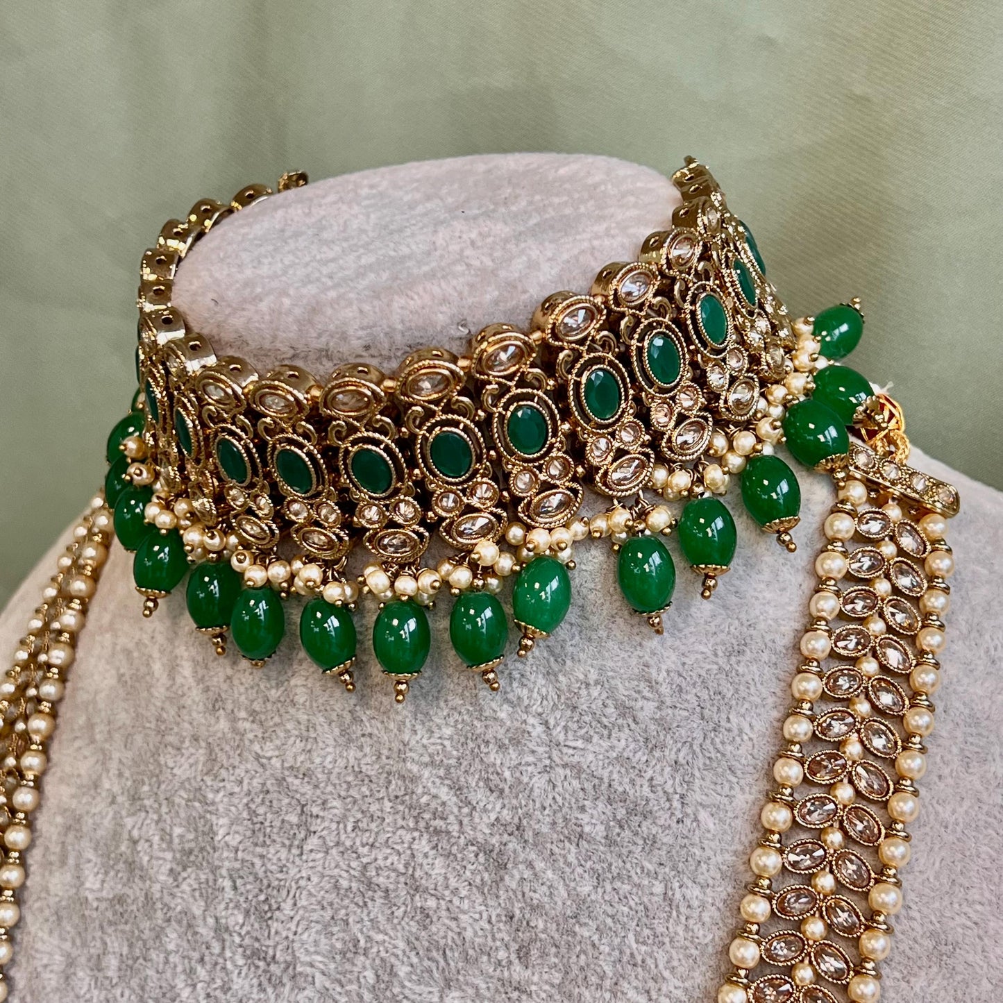 Full Green & Champagne Choker Bridal Set/Indian Jewellery/Bridal Jewellery/Green Bridal Jewellery/Pakistani Green Jewellery/