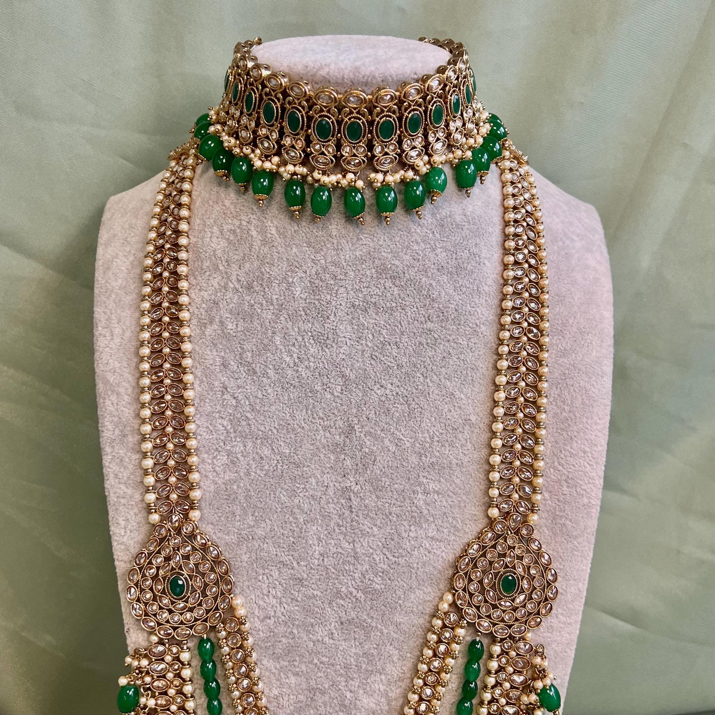 Full Green & Champagne Choker Bridal Set/Indian Jewellery/Bridal Jewellery/Green Bridal Jewellery/Pakistani Green Jewellery/