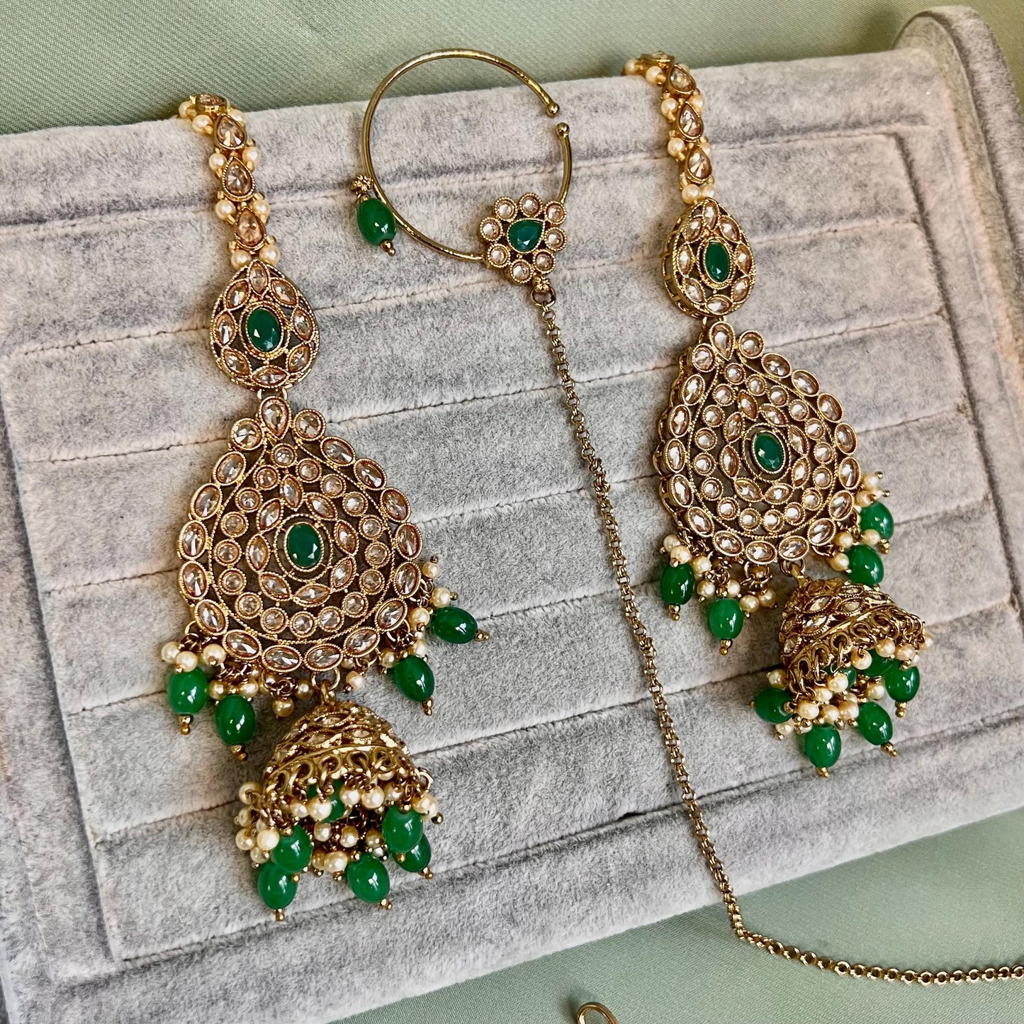 Full Green & Champagne Choker Bridal Set/Indian Jewellery/Bridal Jewellery/Green Bridal Jewellery/Pakistani Green Jewellery/