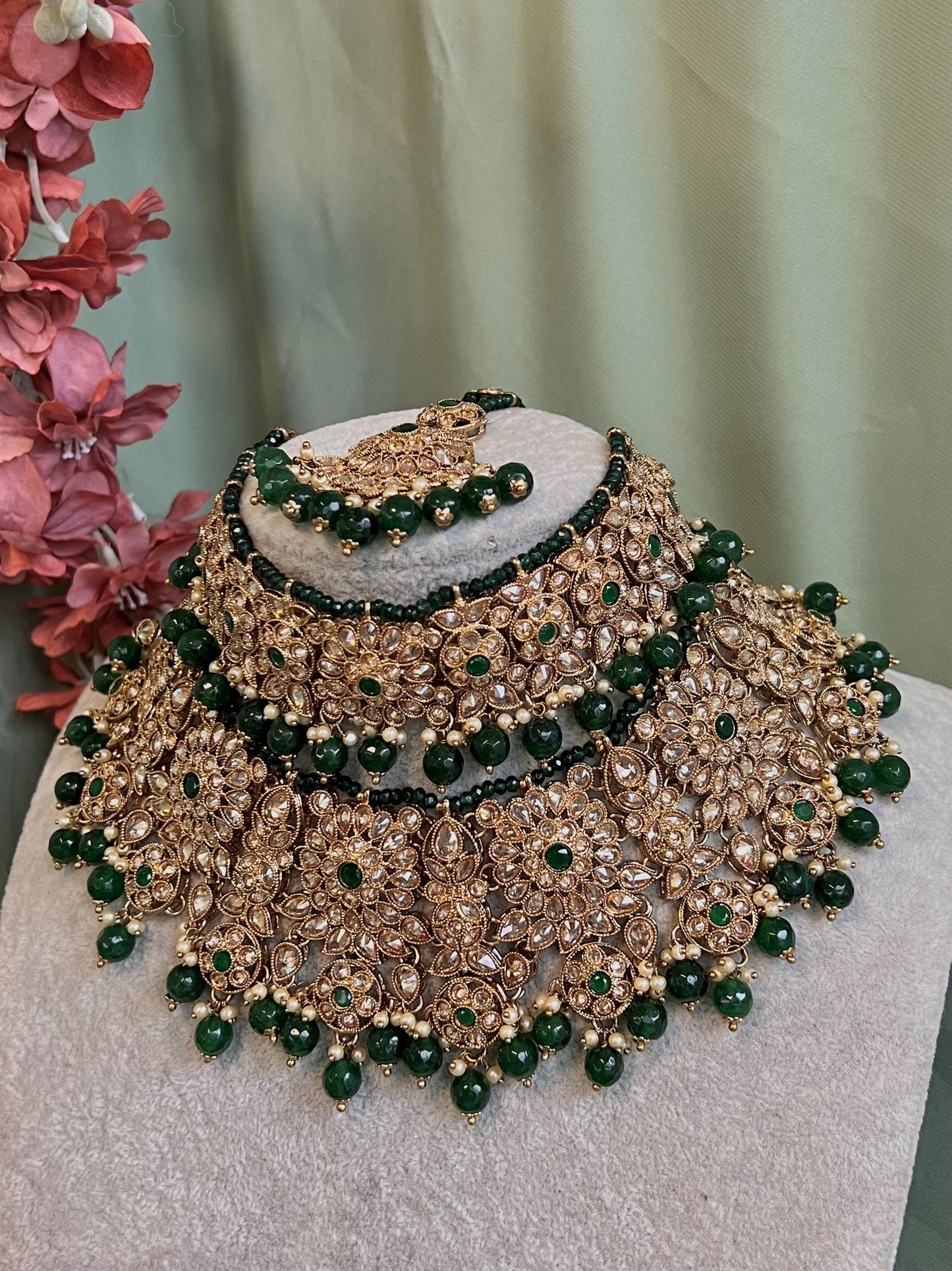 Full Bridal Green & Champagne  Double Necklace set/Green Necklace Set/Green Bridal Set/ Pakistani Style/ Wedding/Necklace set
