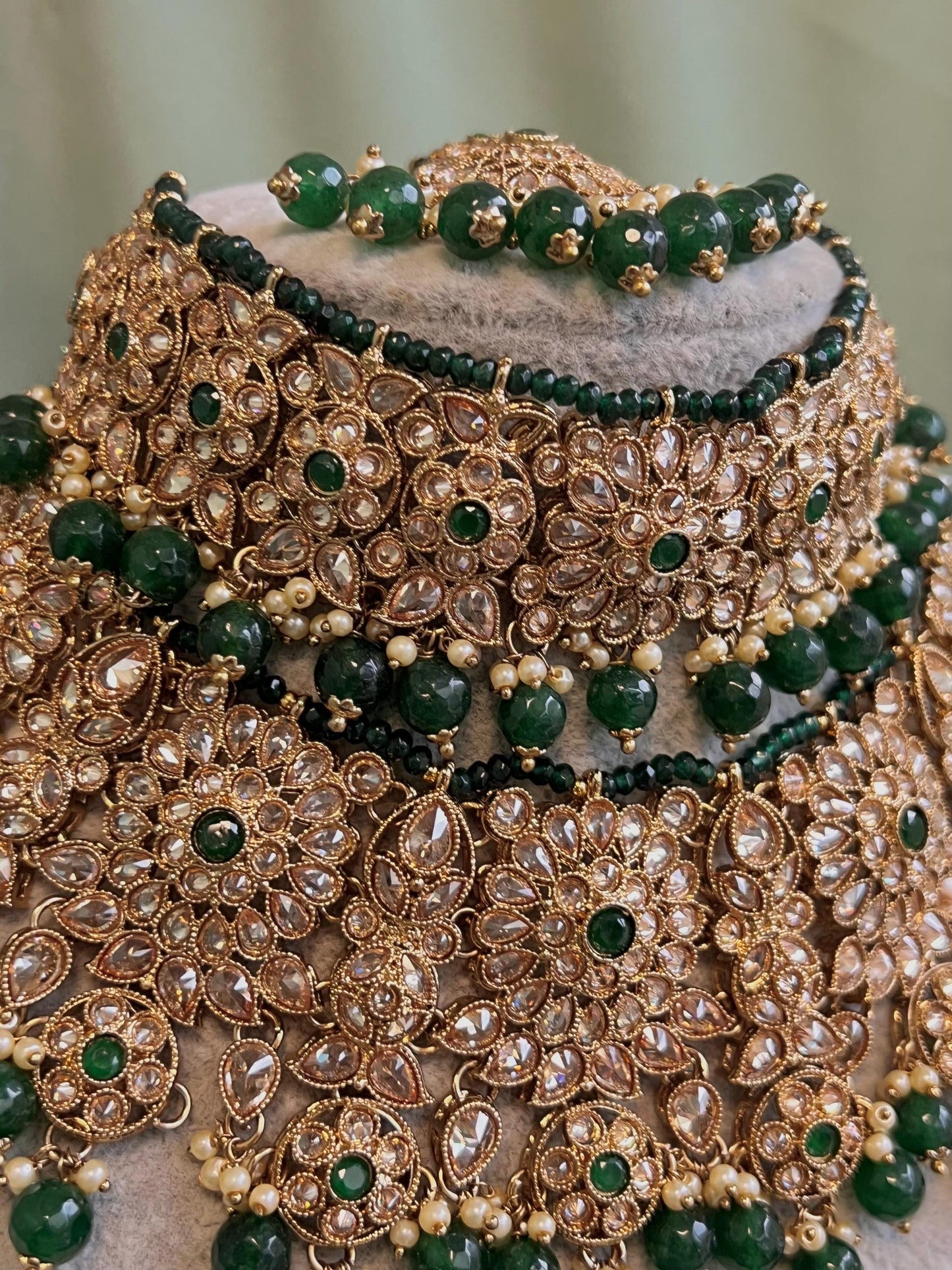 Full Bridal Green & Champagne  Double Necklace set/Green Necklace Set/Green Bridal Set/ Pakistani Style/ Wedding/Necklace set
