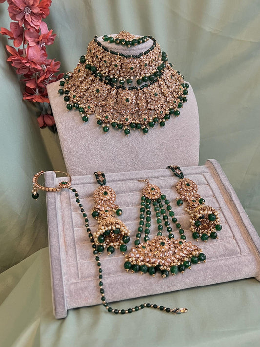 Full Bridal Green & Champagne  Double Necklace set/Green Necklace Set/Green Bridal Set/ Pakistani Style/ Wedding/Necklace set