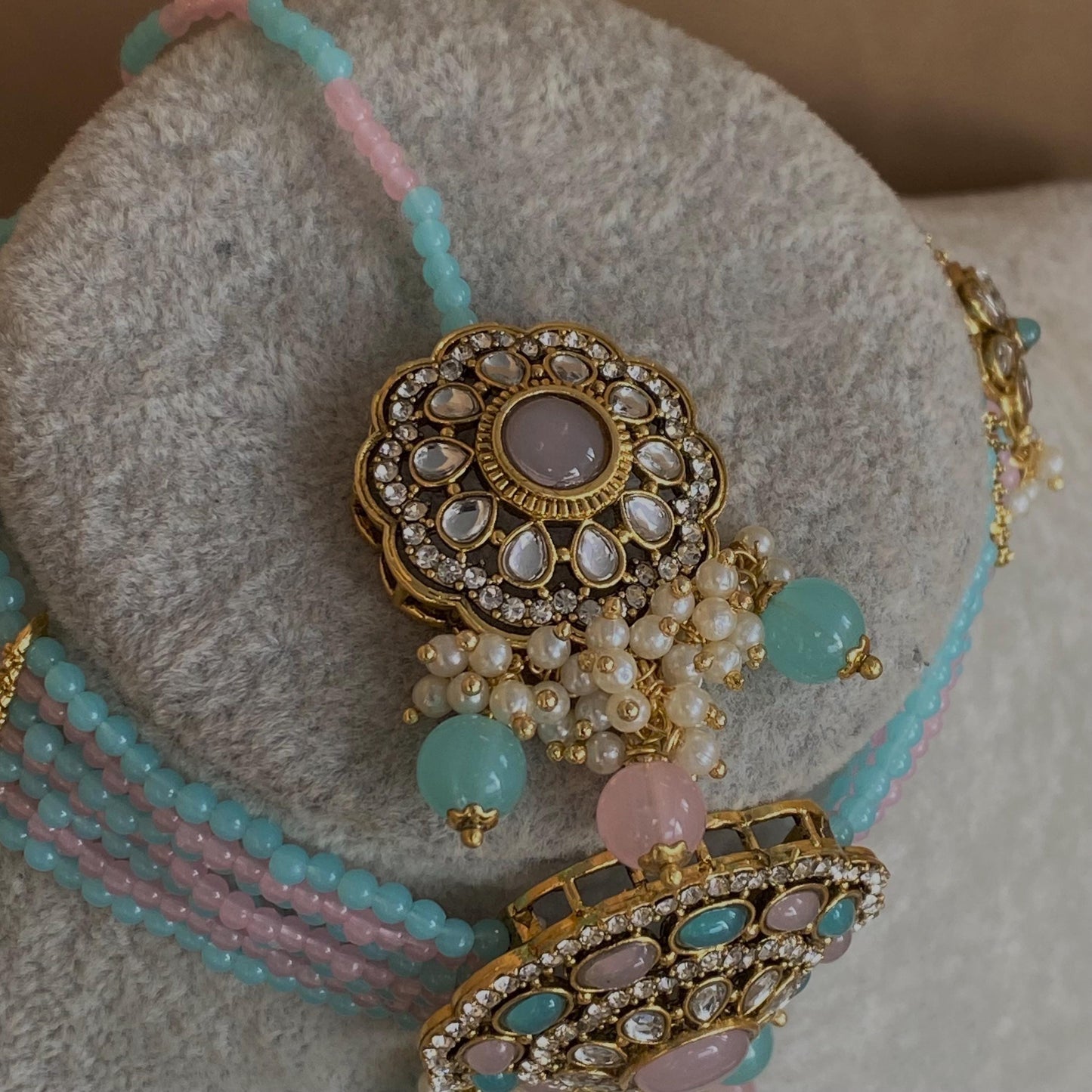 Faux Kundan Pastel Pearl Choker set Earring/ Tikka/ Tikli/ Indian/ Pakistani/Fashion Jewellery/ Gift for Women/