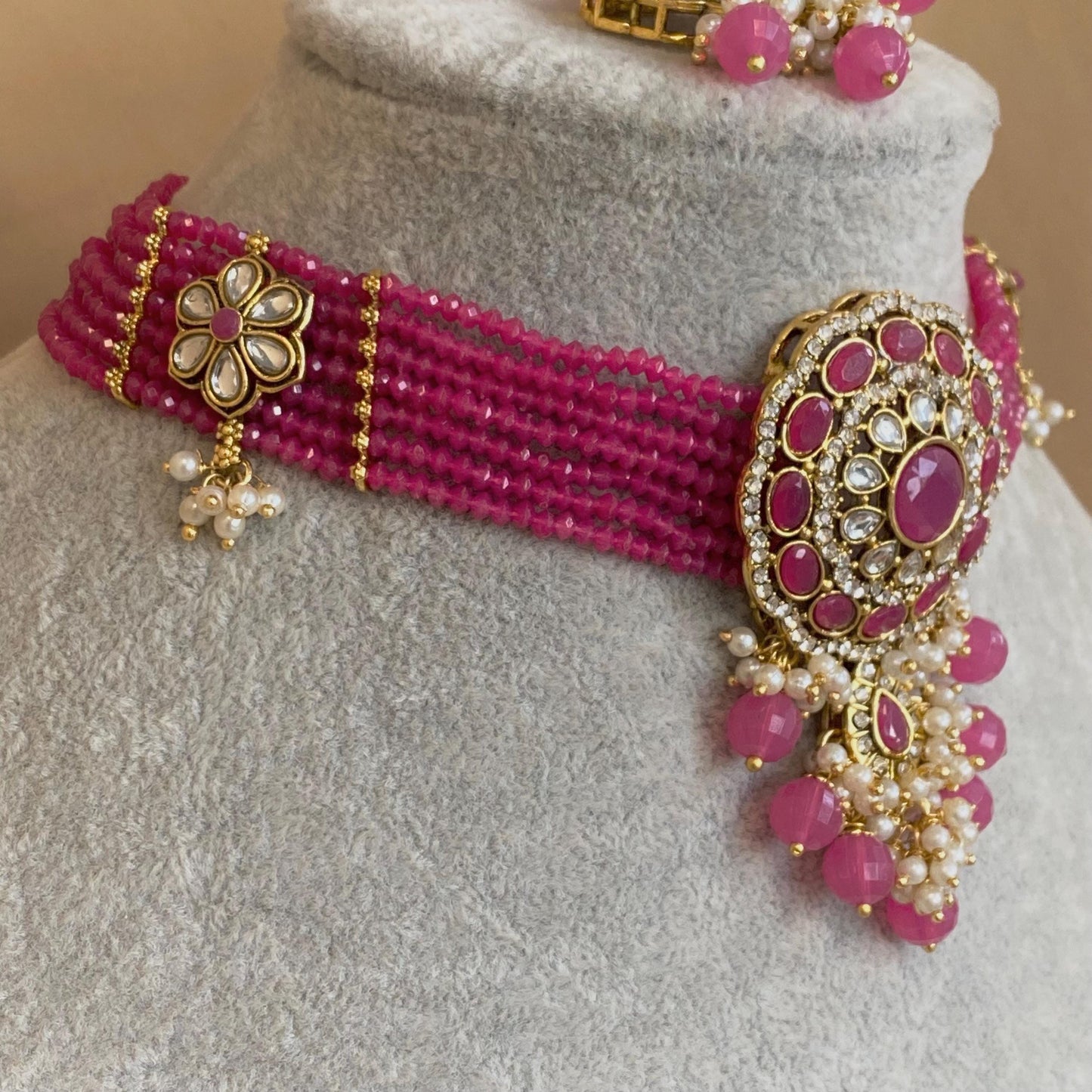 Hot Pink Choker Set Matching Bangle Set Both Arms/Pink Choker Set/Hot Pink Bangle Set Indian/ Pakistani/Fashion Jewellery