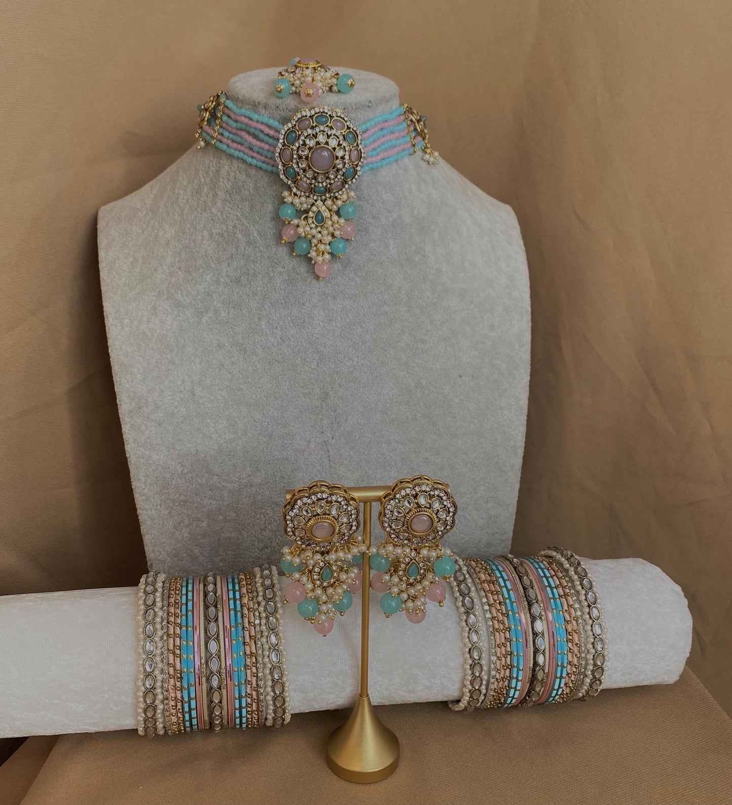 Faux Kundan Pastel Pearl Choker set Earring/ Tikka/ Tikli/ Indian/ Pakistani/Fashion Jewellery/ Gift for Women/