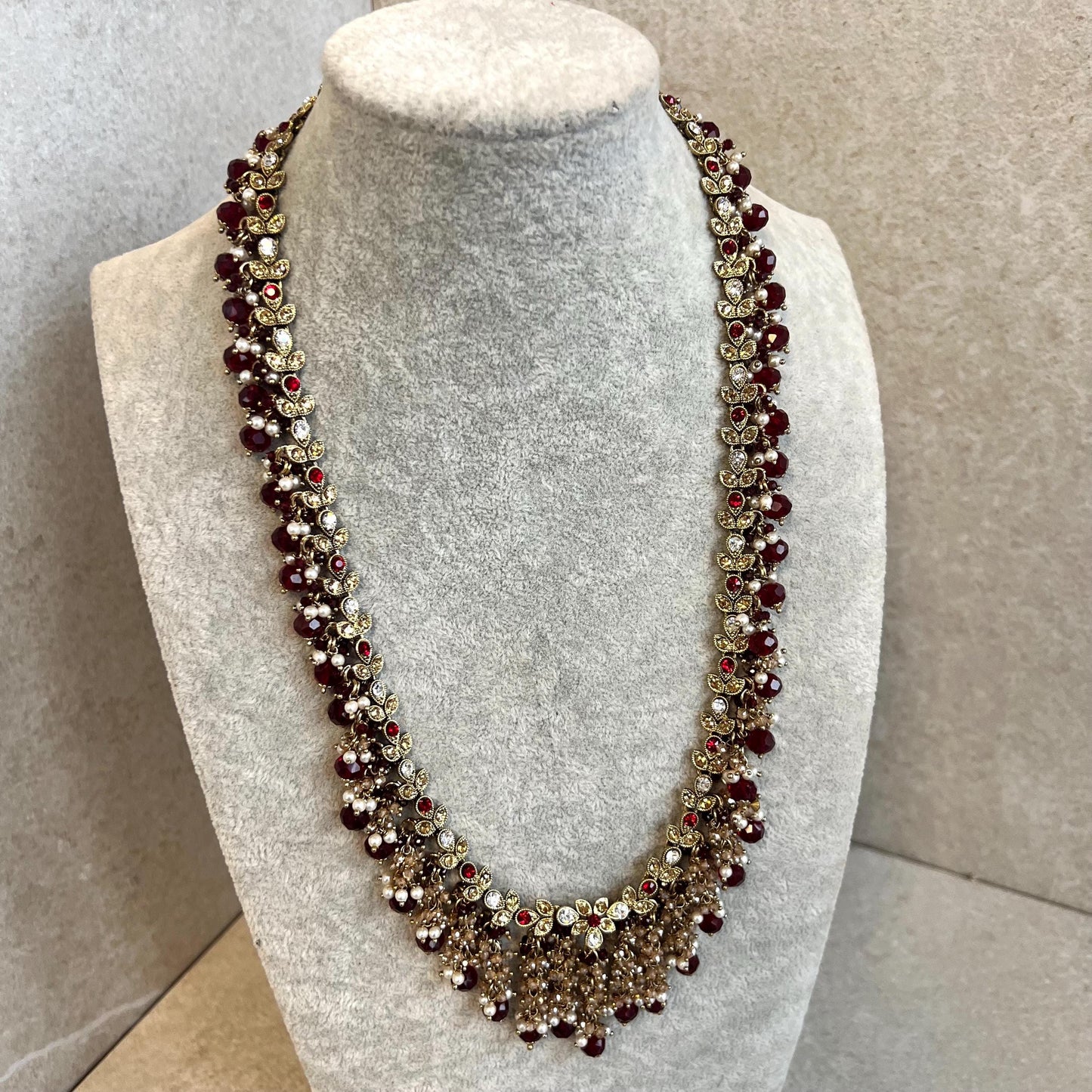 Bridal Maroon/Golden Long Mala/ Haar/ Long Necklace/ Unique Style/ Indian/ Pakistani/Fashion Jewellery/ Gift for Women