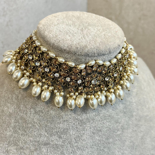 Choker Only- Golden/ Unique Style/ Indian/ Pakistani/Fashion Jewellery/ Gift for Women Golden Clear Rhinestone pearls