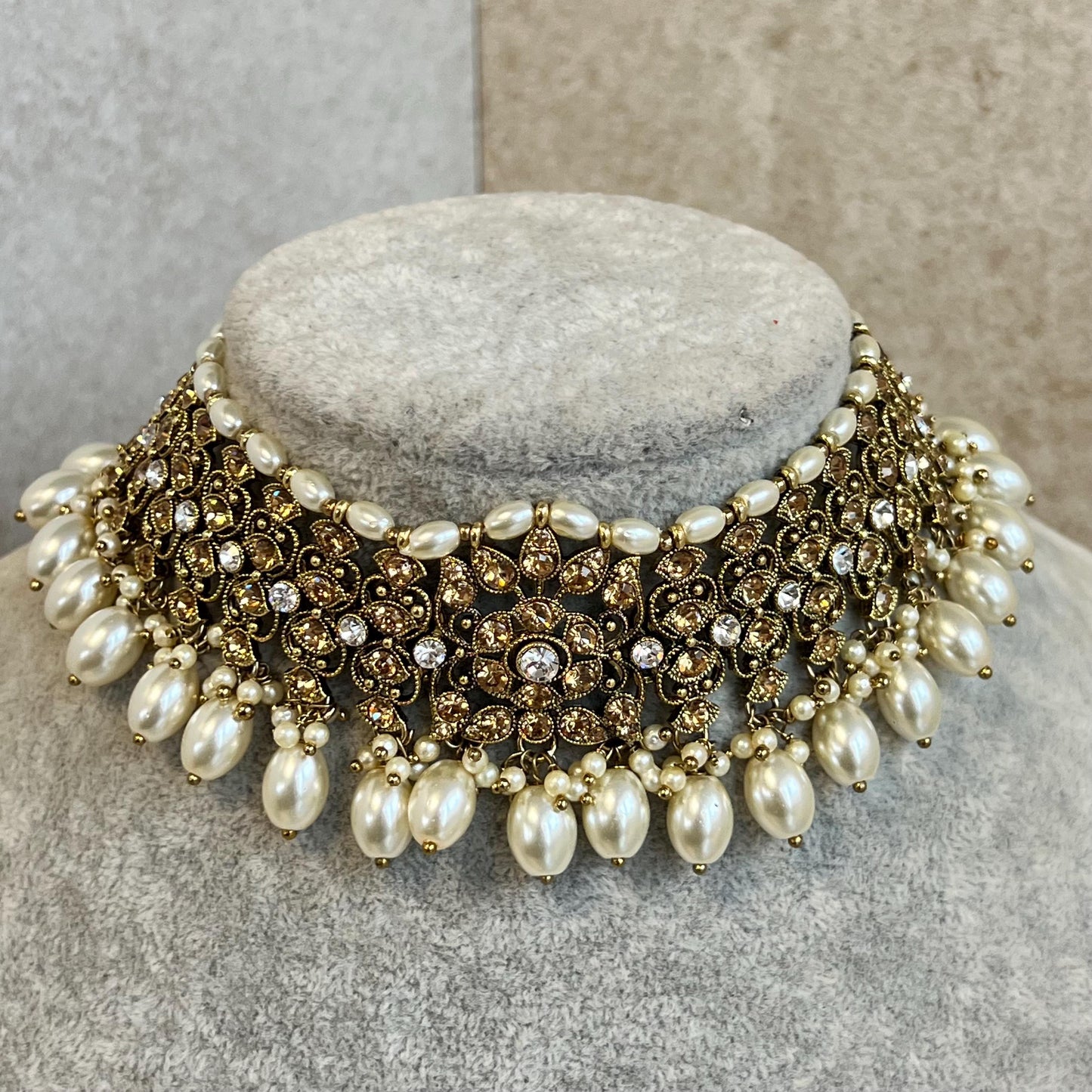 Choker Only- Golden/ Unique Style/ Indian/ Pakistani/Fashion Jewellery/ Gift for Women Golden Clear Rhinestone pearls