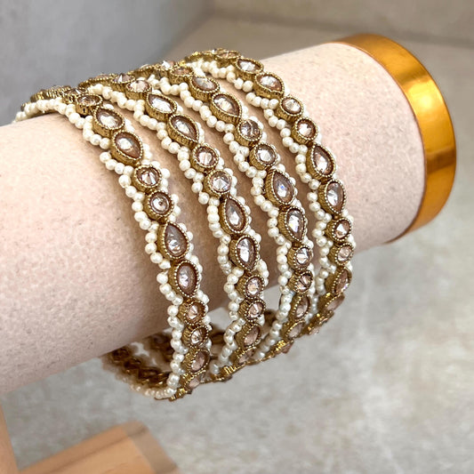 Set of 4 Antique Gold Champagne Zircon Pearl Kada Bangles End Bangles Indian Pakistani Jewelley Fashion High Quality Gift 2.8 Size