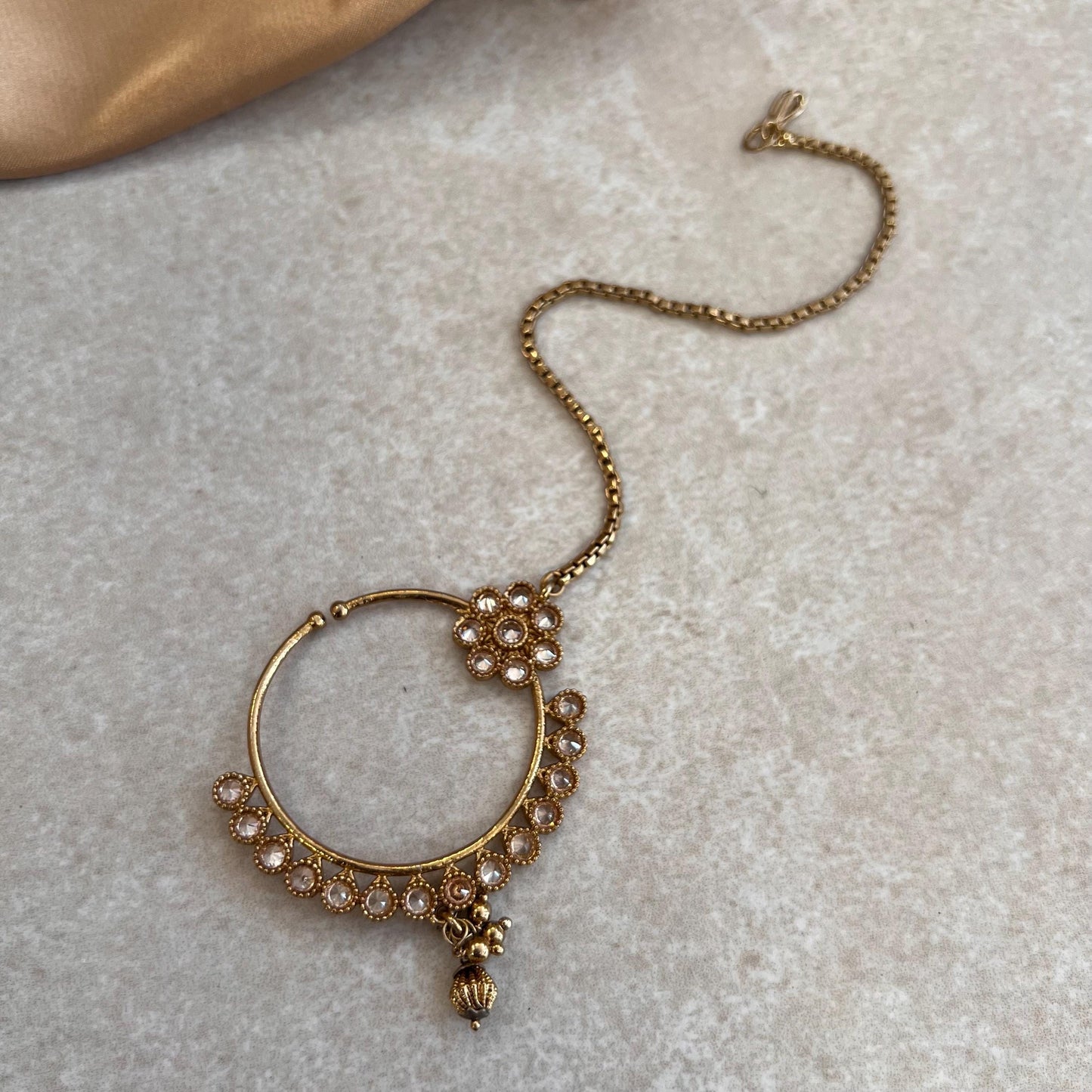 Gold 5Piece Antique Gold Champagne Zircon Bridal Choker Mala Necklace Chain Jhumka Earring Mathapatti NoseRing High Quality Indian Pakistani