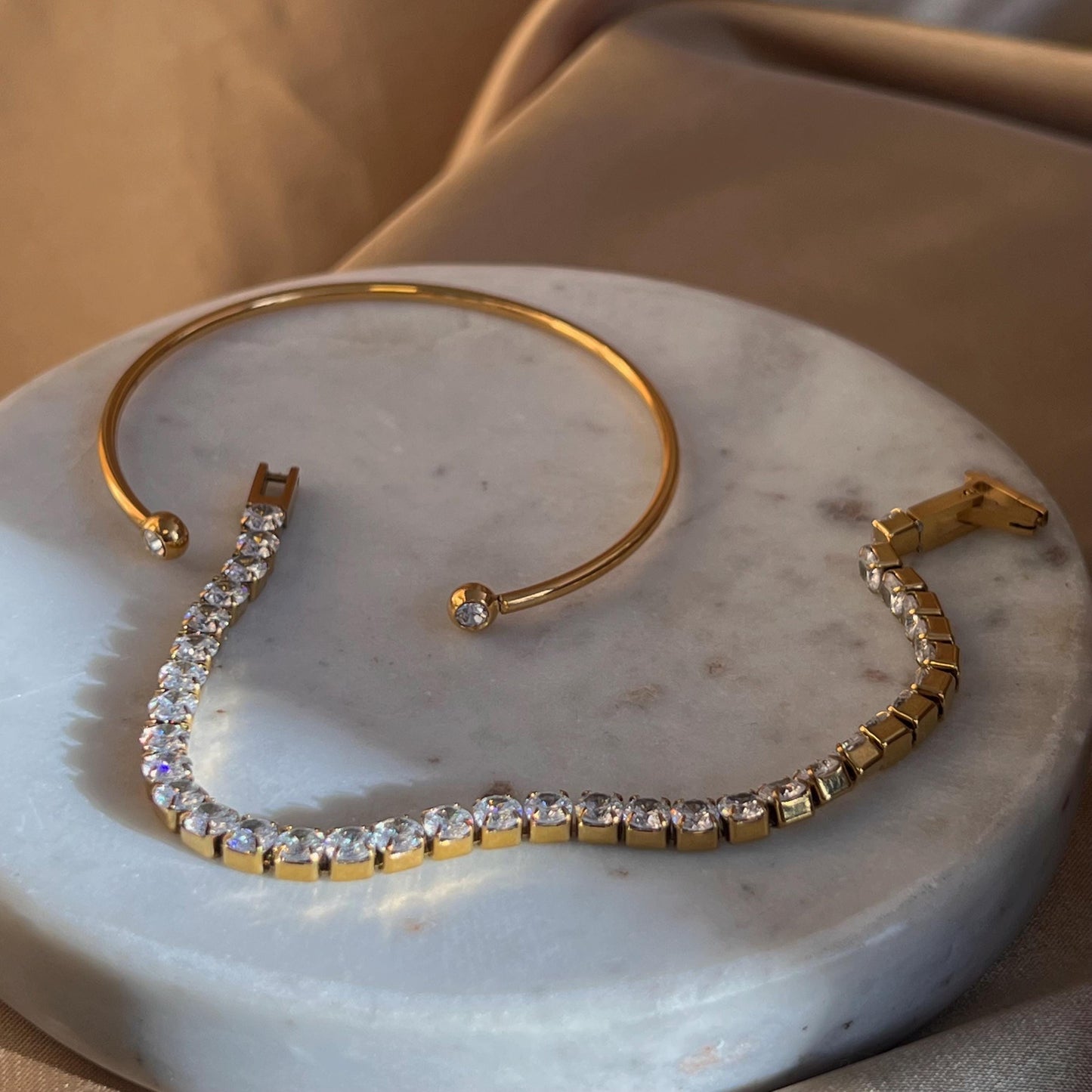 Stainless Steel Gold Tennis Bracelet and Bangle 2 Pack Fashion Accessories Gift High Quality Sale