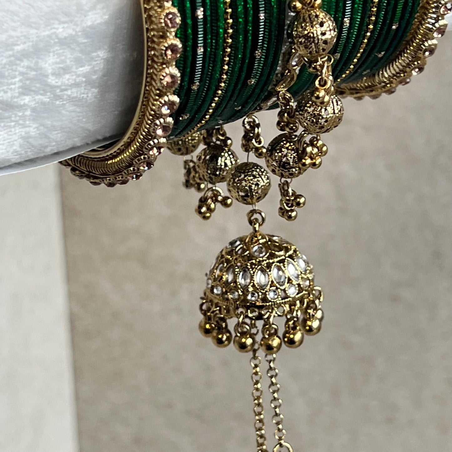 Midi Green Jhumka Bangle Set - Both Arms 2.8/ Bridal Green Bangle Set/ Antique Gold Faux Kundan Kada & Jhumka Bangle Set/Bridal Jewellery
