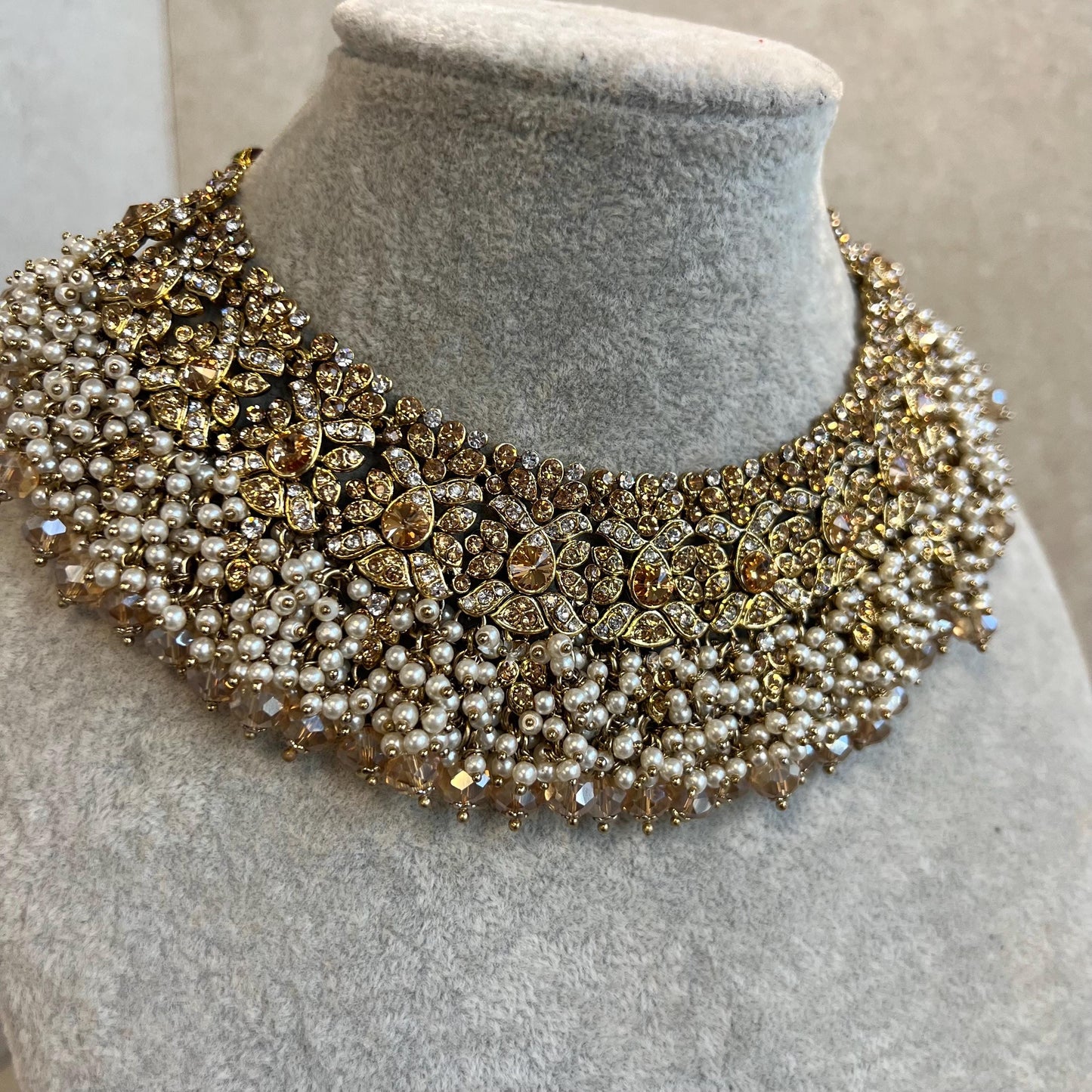 Antique Gold Necklace Only Golden Clear Rhinestone 2 inch Adjustable Jewellery Indian Pakistani Fashion Wedding Gift Bridal Guest Heavy