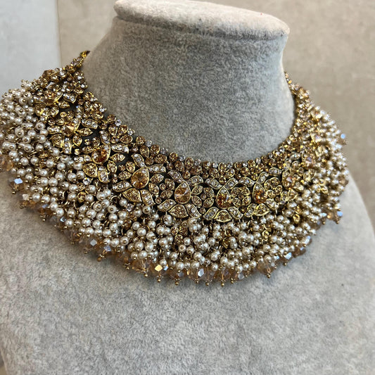 Antique Gold Necklace Only Golden Clear Rhinestone 2 inch Adjustable Jewellery Indian Pakistani Fashion Wedding Gift Bridal Guest Heavy