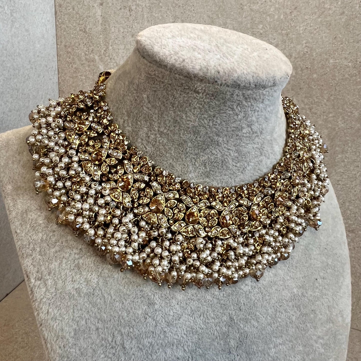 Antique Gold Necklace Only Golden Clear Rhinestone 2 inch Adjustable Jewellery Indian Pakistani Fashion Wedding Gift Bridal Guest Heavy