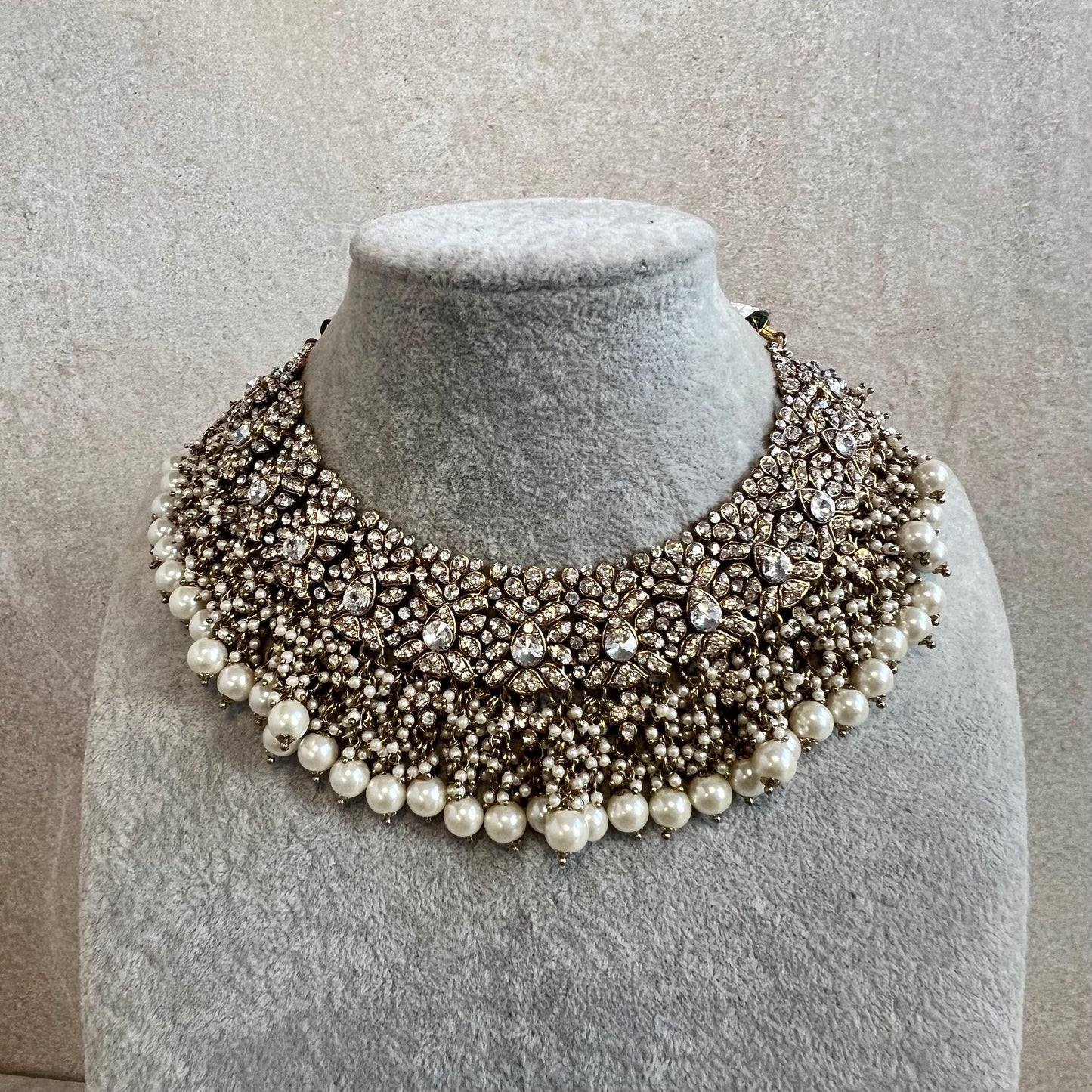 Antique Gold Necklace Only Clear Rhinestone 2 inch Adjustable Jewellery Indian Pakistani Fashion Wedding Gift Bridal Guest Heavy