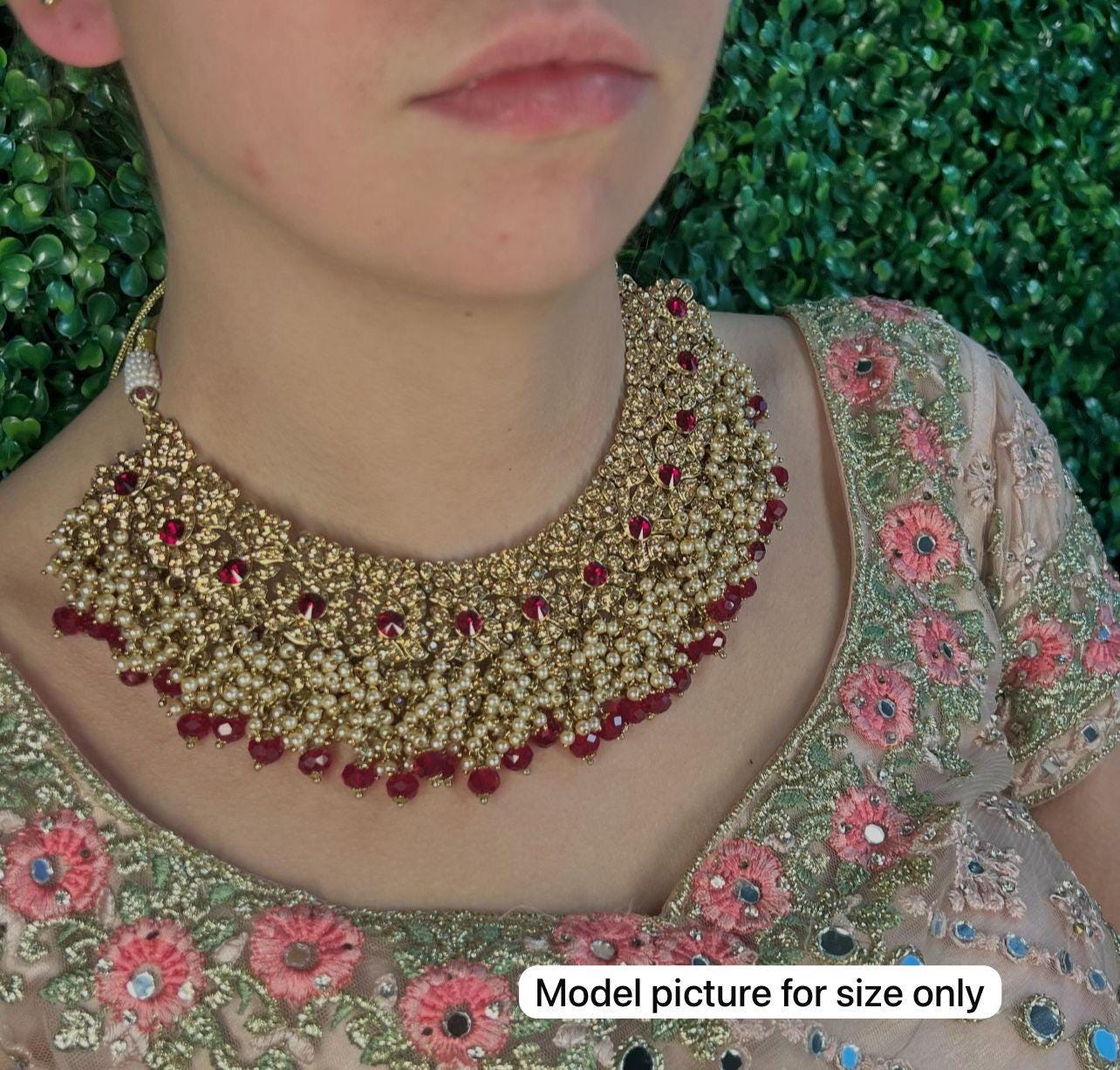 Antique Gold Necklace Only Clear Rhinestone 2 inch Adjustable Jewellery Indian Pakistani Fashion Wedding Gift Bridal Guest Heavy