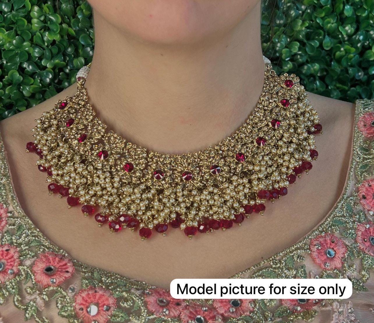 Antique Gold Necklace Only Clear Rhinestone 2 inch Adjustable Jewellery Indian Pakistani Fashion Wedding Gift Bridal Guest Heavy