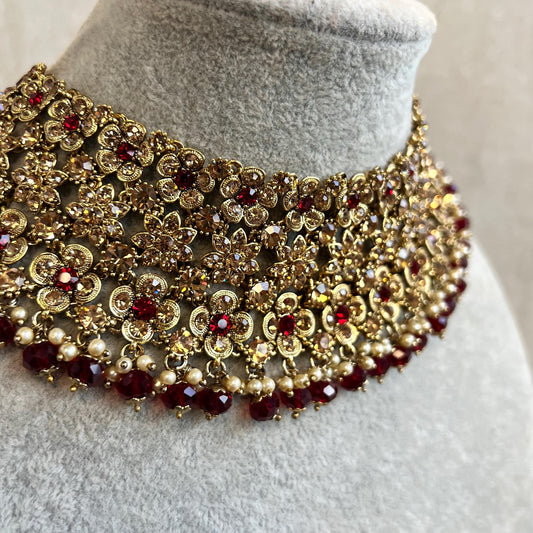 Maroon Antique Gold Necklace Only Golden Rhinestone 2 inch Adjustable Jewellery Indian Pakistani Fashion Wedding Gift Bridal Guest Heavy