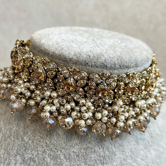Antique Gold Choker Only Golden Clear Rhinestone 1 inch Adjustable Jewellery Indian Pakistani Fashion Wedding Gift Bridal Guest Heavy