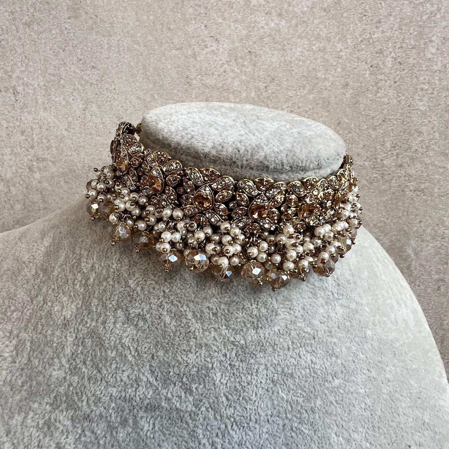 Antique Gold Choker Only Golden Clear Rhinestone 1 inch Adjustable Jewellery Indian Pakistani Fashion Wedding Gift Bridal Guest Heavy