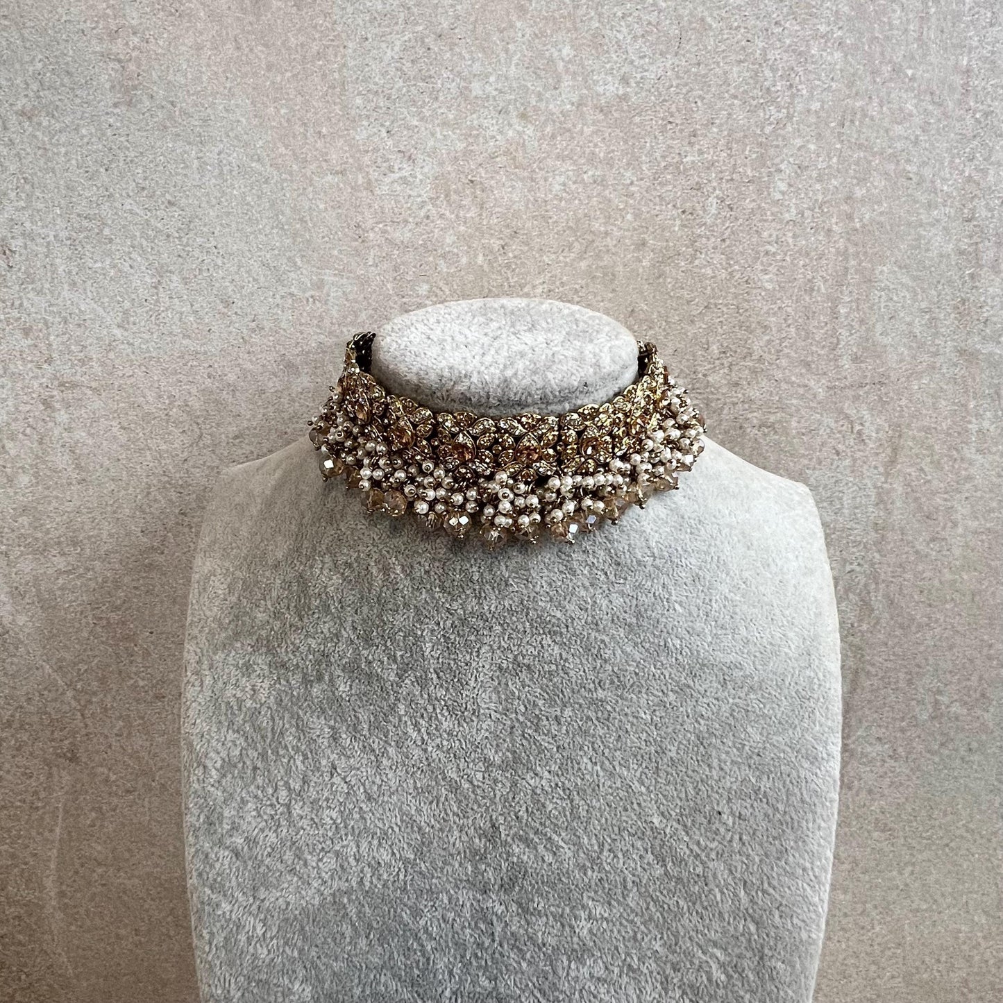 Antique Gold Choker Only Golden Clear Rhinestone 1 inch Adjustable Jewellery Indian Pakistani Fashion Wedding Gift Bridal Guest Heavy