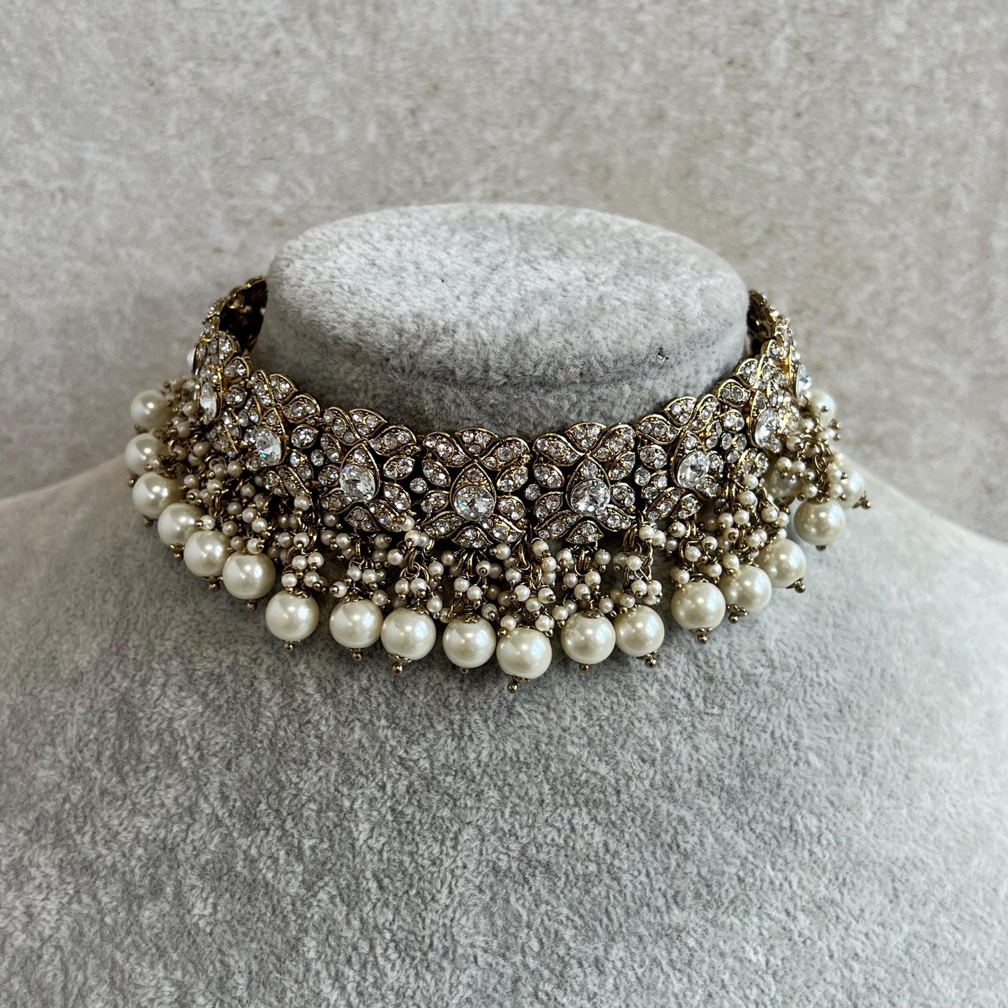 Antique Gold Choker Only Clear Rhinestone 1 inch Adjustable Jewellery Indian Pakistani Fashion Wedding Gift Bridal Guest Heavy
