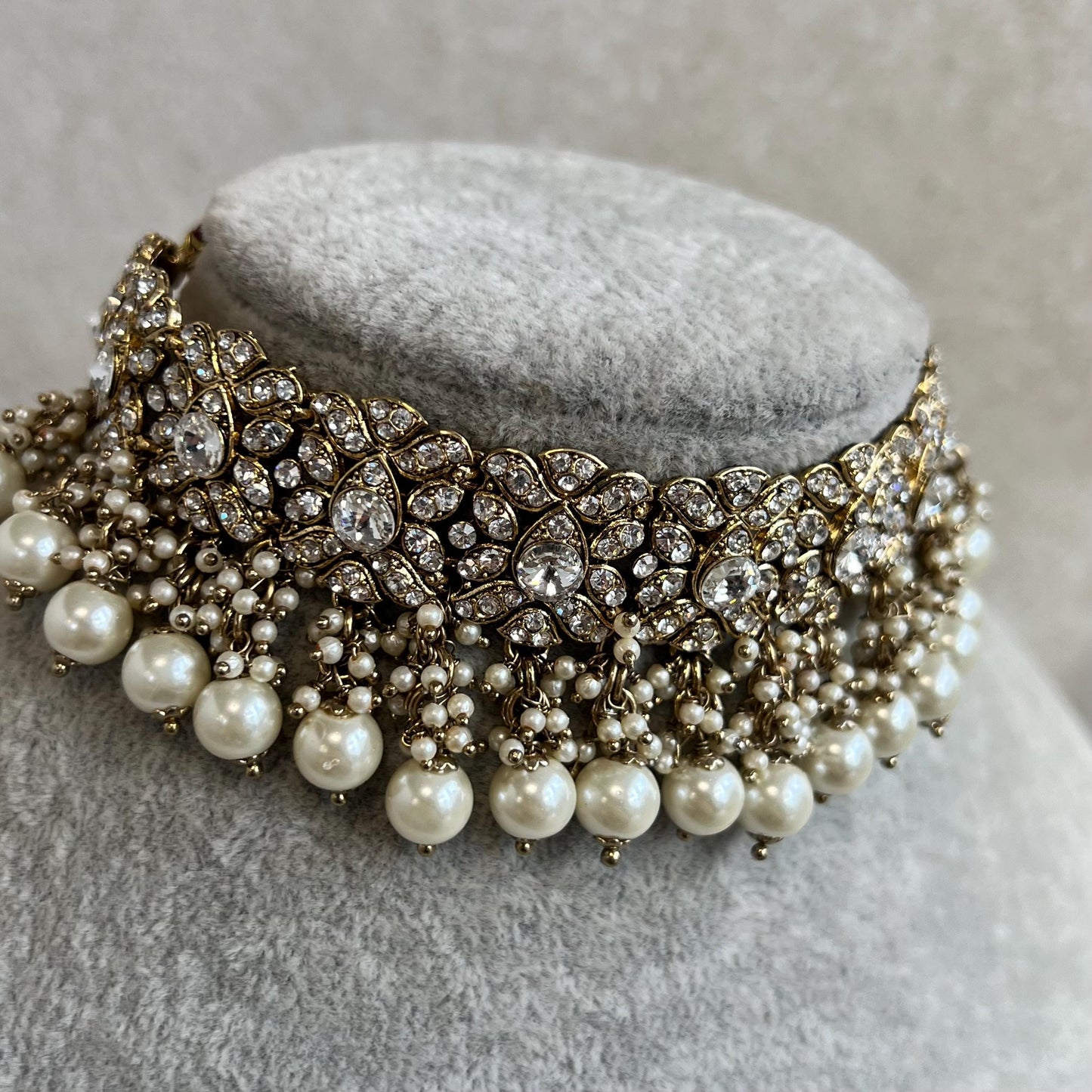 Antique Gold Choker Only Clear Rhinestone 1 inch Adjustable Jewellery Indian Pakistani Fashion Wedding Gift Bridal Guest Heavy