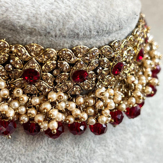Maroon Antique Gold choker Only Golden Rhinestone 1 inch Adjustable Jewellery Indian Pakistani Fashion Wedding Gift Bridal Guest Heavy