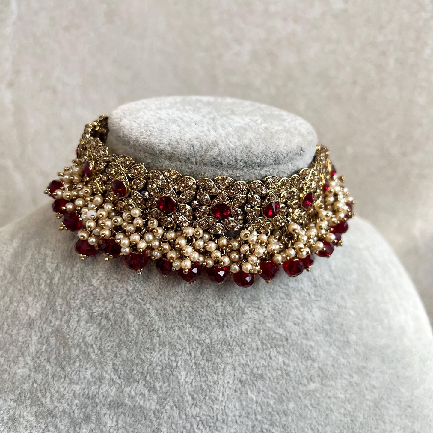 Maroon Antique Gold choker Only Golden Rhinestone 1 inch Adjustable Jewellery Indian Pakistani Fashion Wedding Gift Bridal Guest Heavy