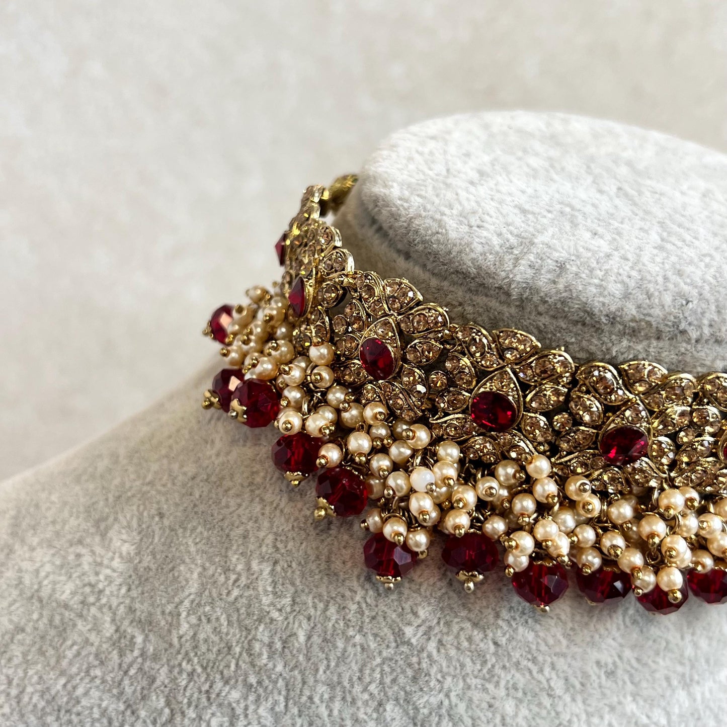 Maroon Antique Gold choker Only Golden Rhinestone 1 inch Adjustable Jewellery Indian Pakistani Fashion Wedding Gift Bridal Guest Heavy