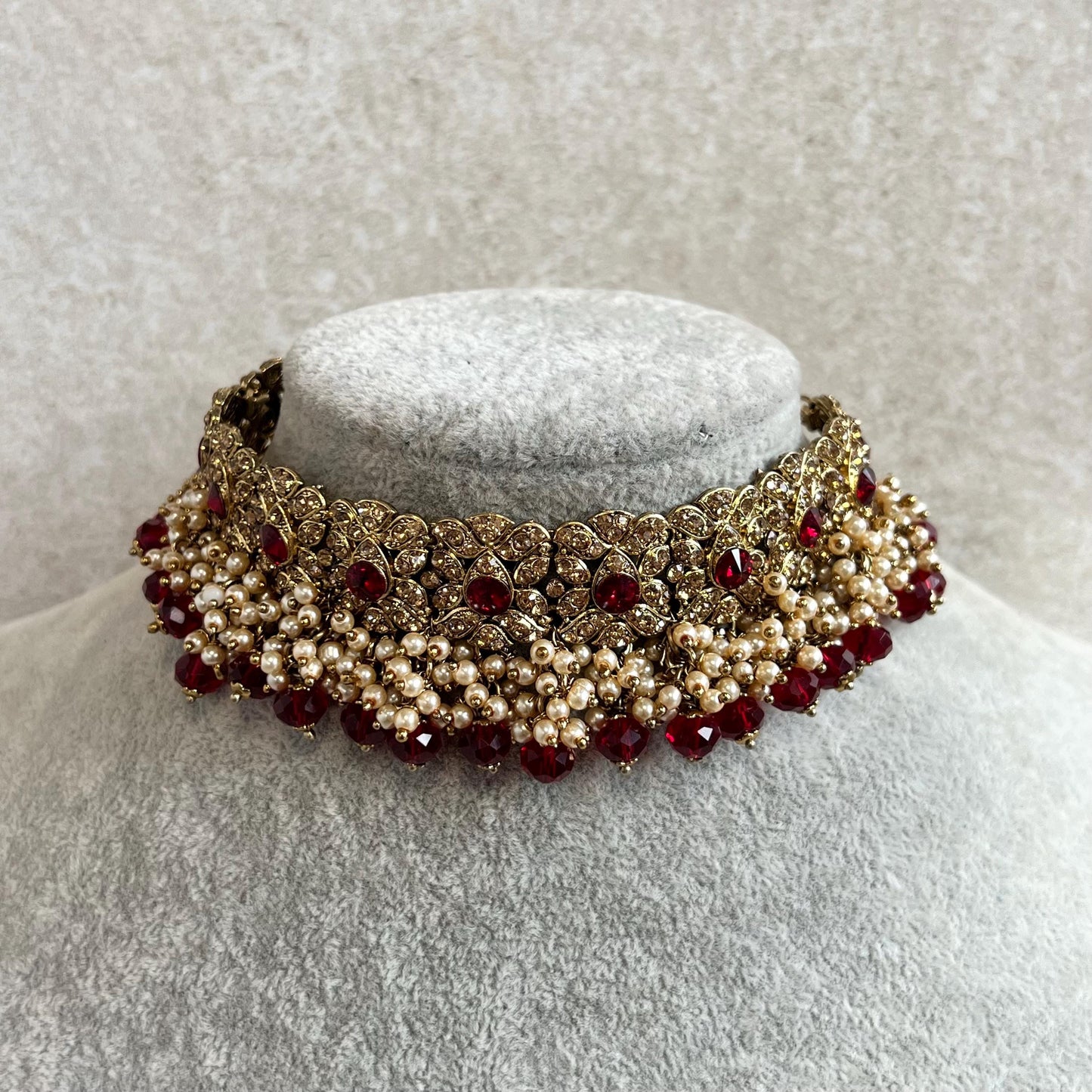 Maroon Antique Gold choker Only Golden Rhinestone 1 inch Adjustable Jewellery Indian Pakistani Fashion Wedding Gift Bridal Guest Heavy