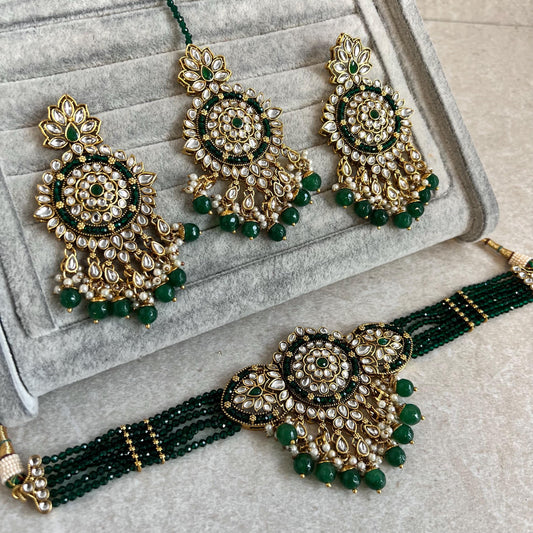 Green Large Faux Kundan Choker Set Earring/ Tikka High Quality Bright Gold Emerald Green Indian Pakistani Bollywood Fashion Jewellery Gift