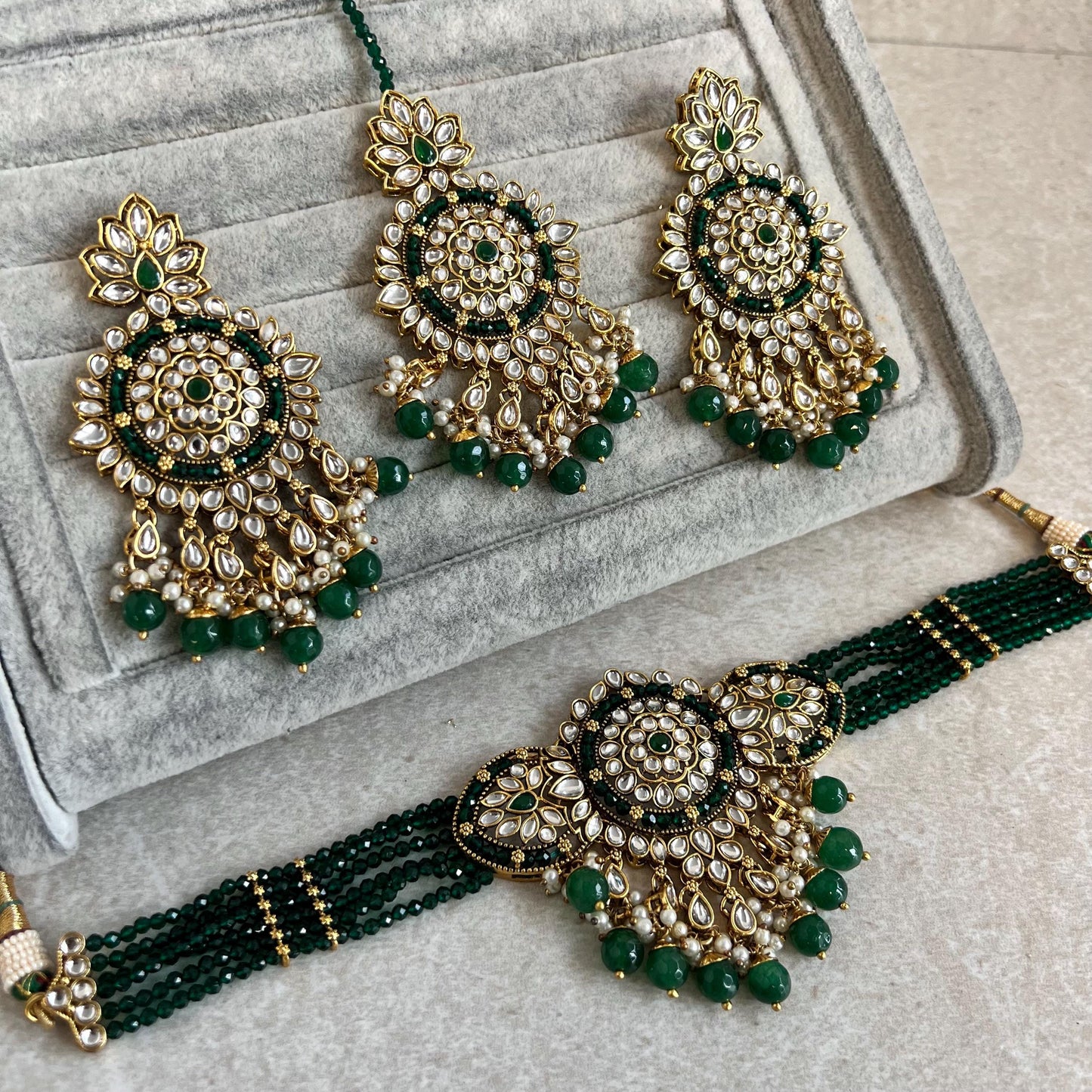 Green Large Faux Kundan Choker Set Earring/ Tikka High Quality Bright Gold Emerald Green Indian Pakistani Bollywood Fashion Jewellery Gift