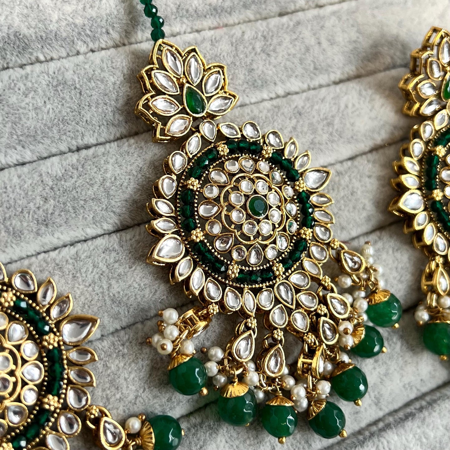 Green Large Faux Kundan Choker Set Earring/ Tikka High Quality Bright Gold Emerald Green Indian Pakistani Bollywood Fashion Jewellery Gift