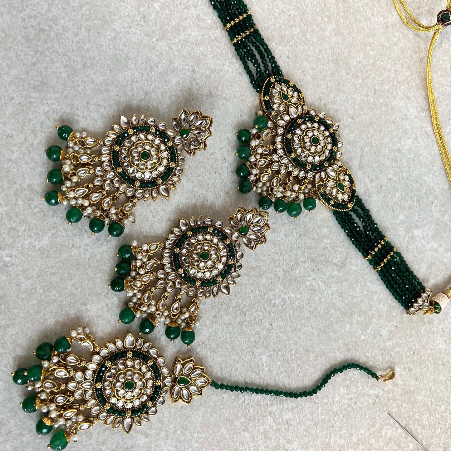 Green Large Faux Kundan Choker Set Earring/ Tikka High Quality Bright Gold Emerald Green Indian Pakistani Bollywood Fashion Jewellery Gift
