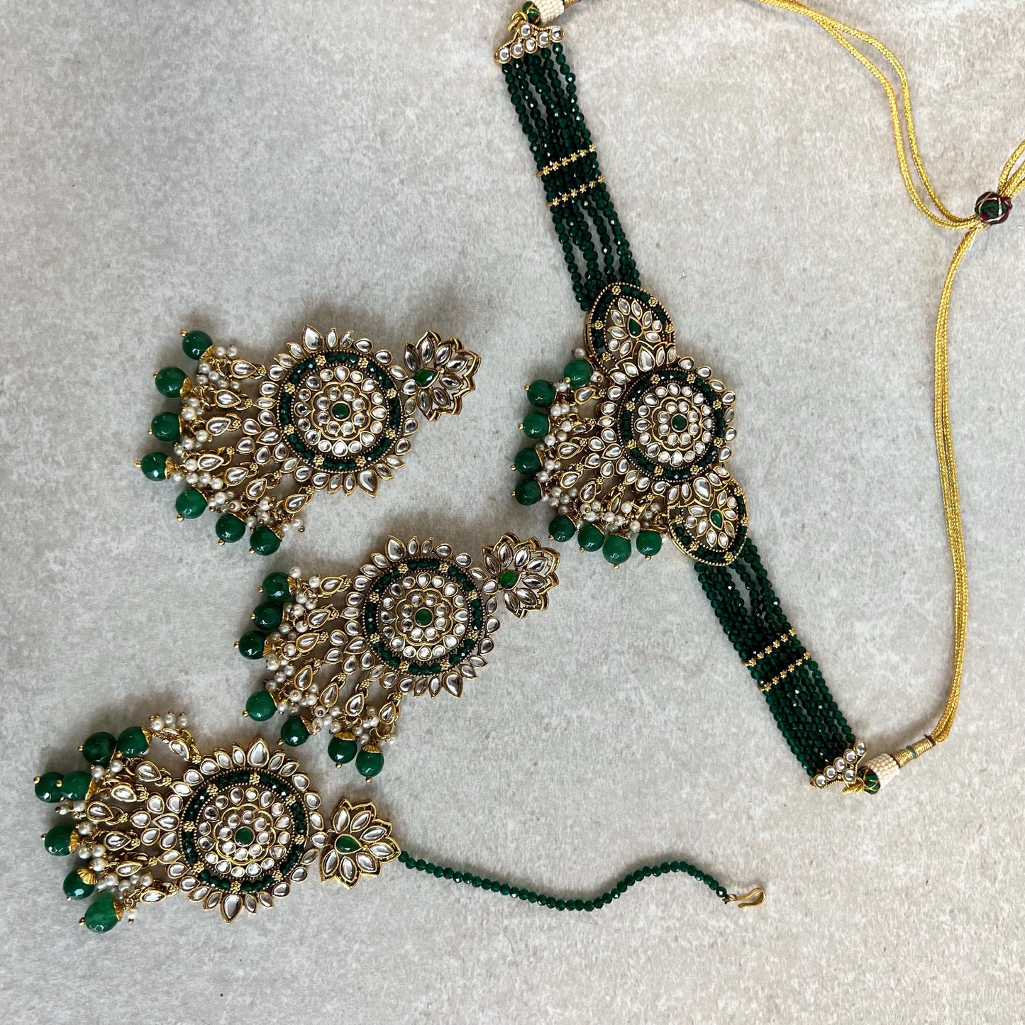Green Large Faux Kundan Choker Set Earring/ Tikka High Quality Bright Gold Emerald Green Indian Pakistani Bollywood Fashion Jewellery Gift