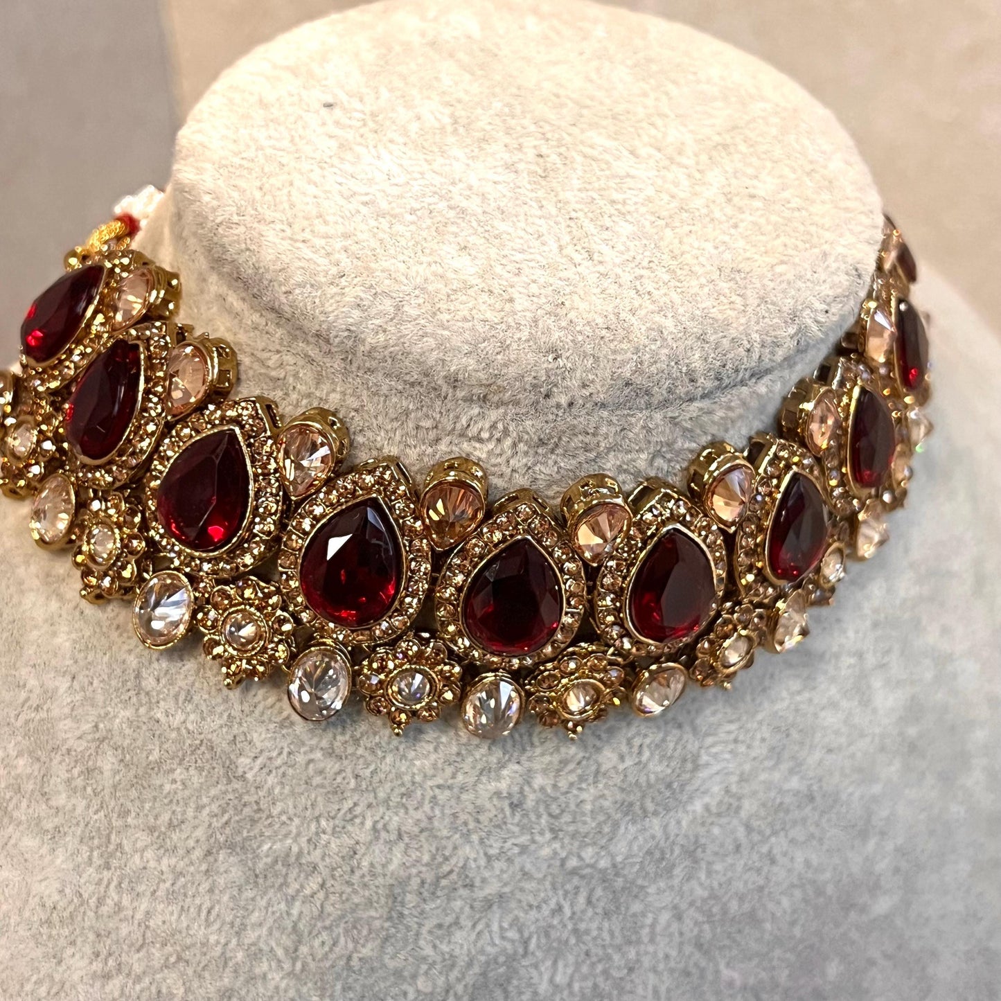 Maroon Choker only Antique Gold Champagne Crystal Rhinestone 1 inch High Quality