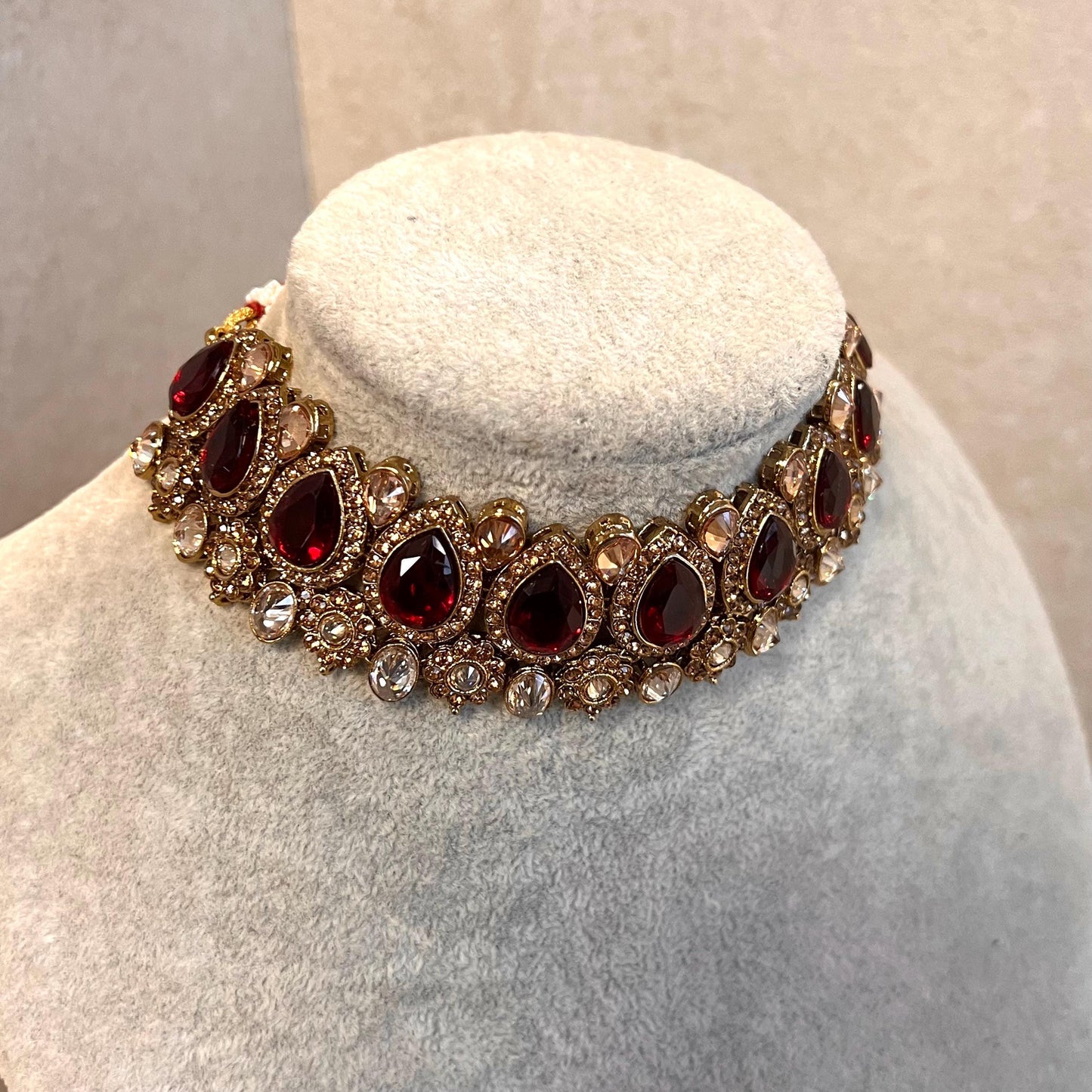 Maroon Choker only Antique Gold Champagne Crystal Rhinestone 1 inch High Quality