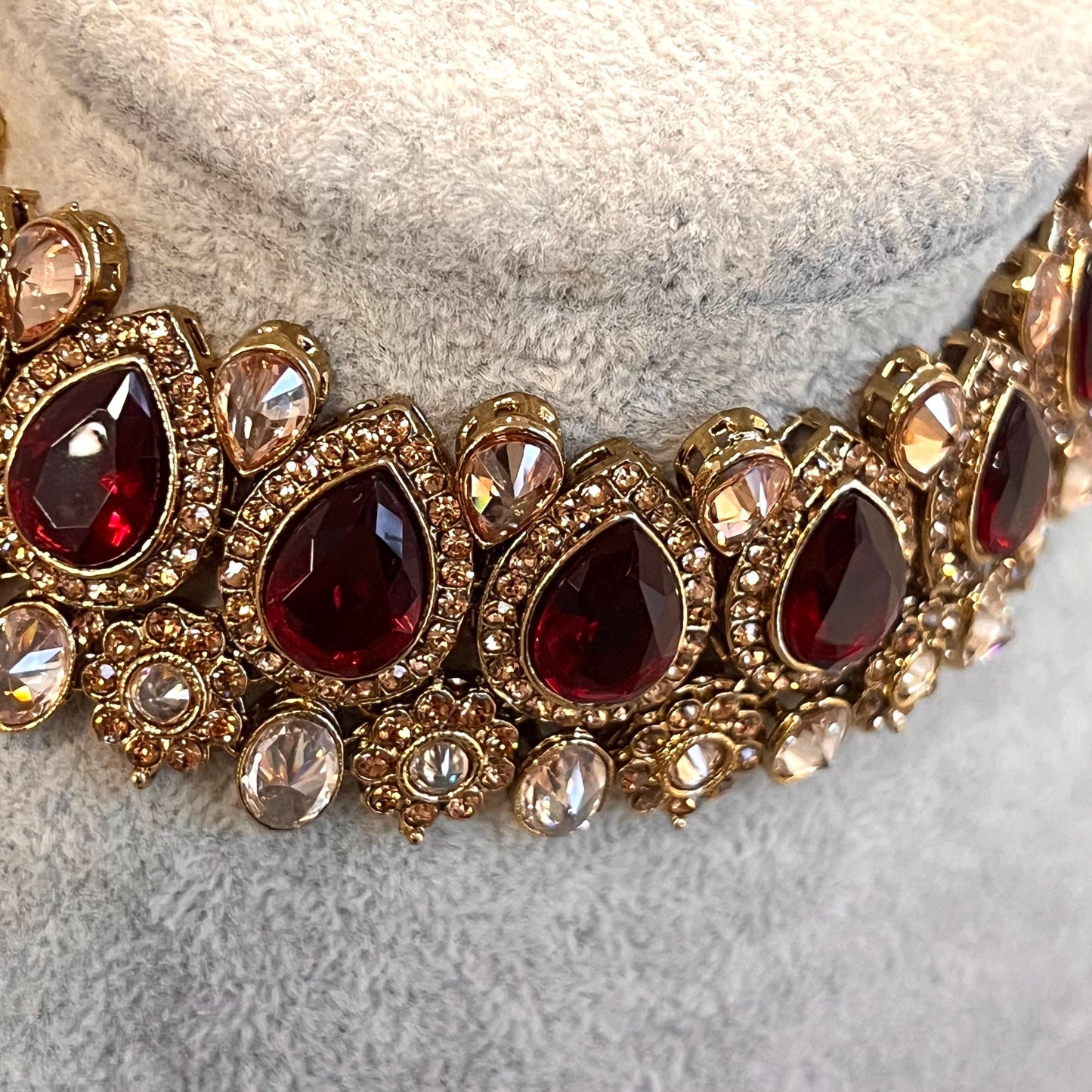 Maroon Choker only Antique Gold Champagne Crystal Rhinestone 1 inch High Quality