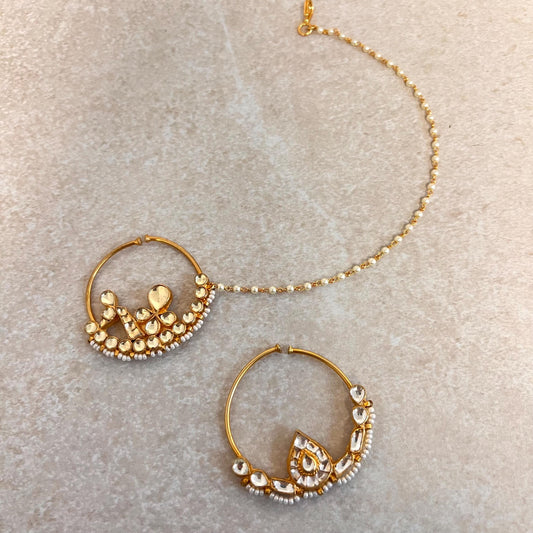 Kundan 1 inch Bright Gold Non-Piercing Nose Ring Pearly Chain Included Fashion Jewellery Gift Indian Nath Nose Jewellery Slide Type Bride