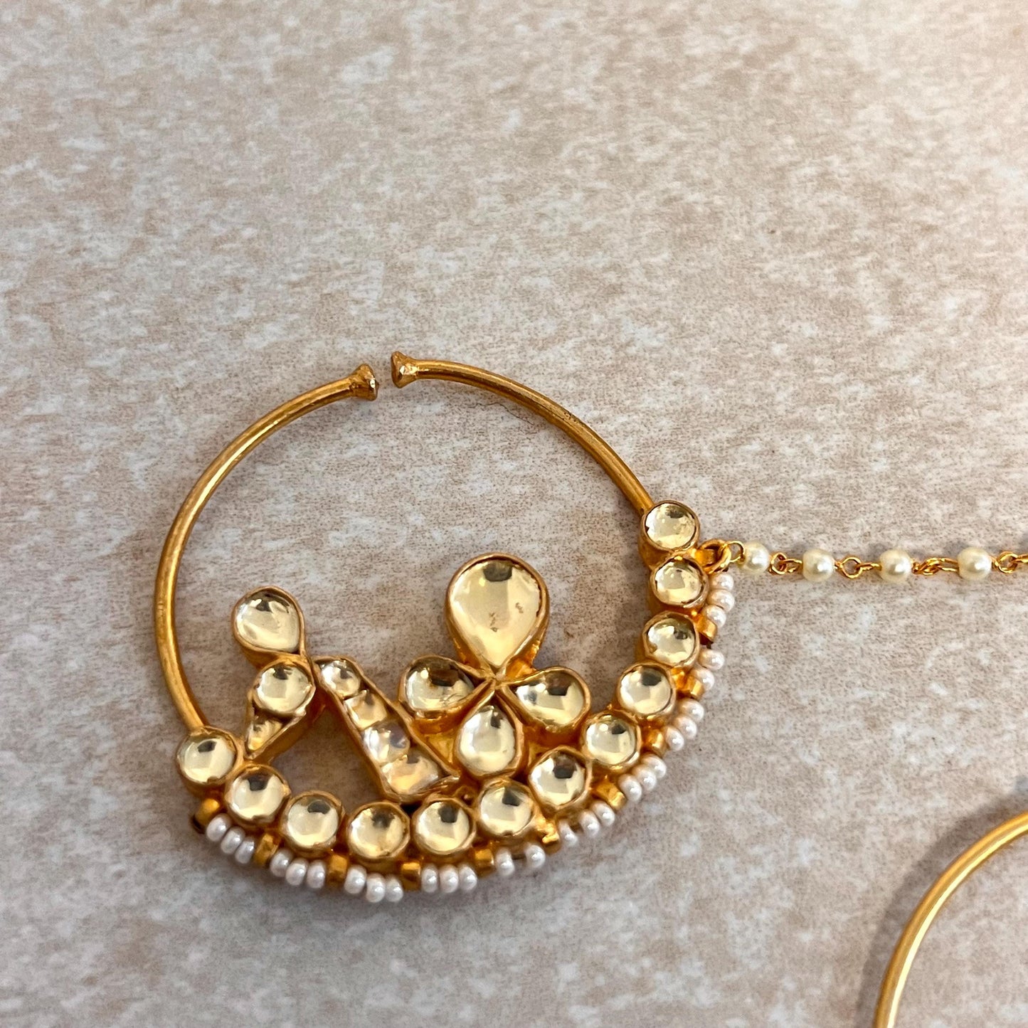 Kundan 1 inch Bright Gold Non-Piercing Nose Ring Pearly Chain Included Fashion Jewellery Gift Indian Nath Nose Jewellery Slide Type Bride