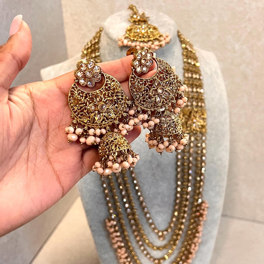 Peach Gold 4 piece Antique Gold Champagne Zircon Long Mala Necklace Jhumka Earring Tikka High Quality Indian Pakistani Punjabi Style Gift