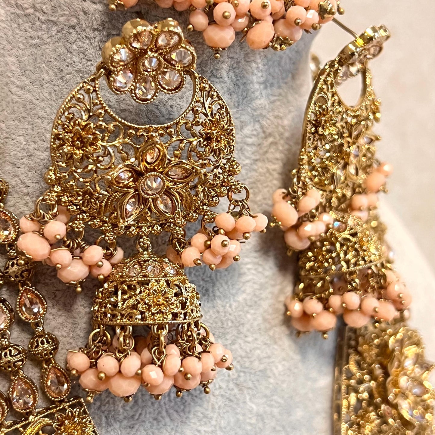 Peach Gold 4 piece Antique Gold Champagne Zircon Long Mala Necklace Jhumka Earring Tikka High Quality Indian Pakistani Punjabi Style Gift