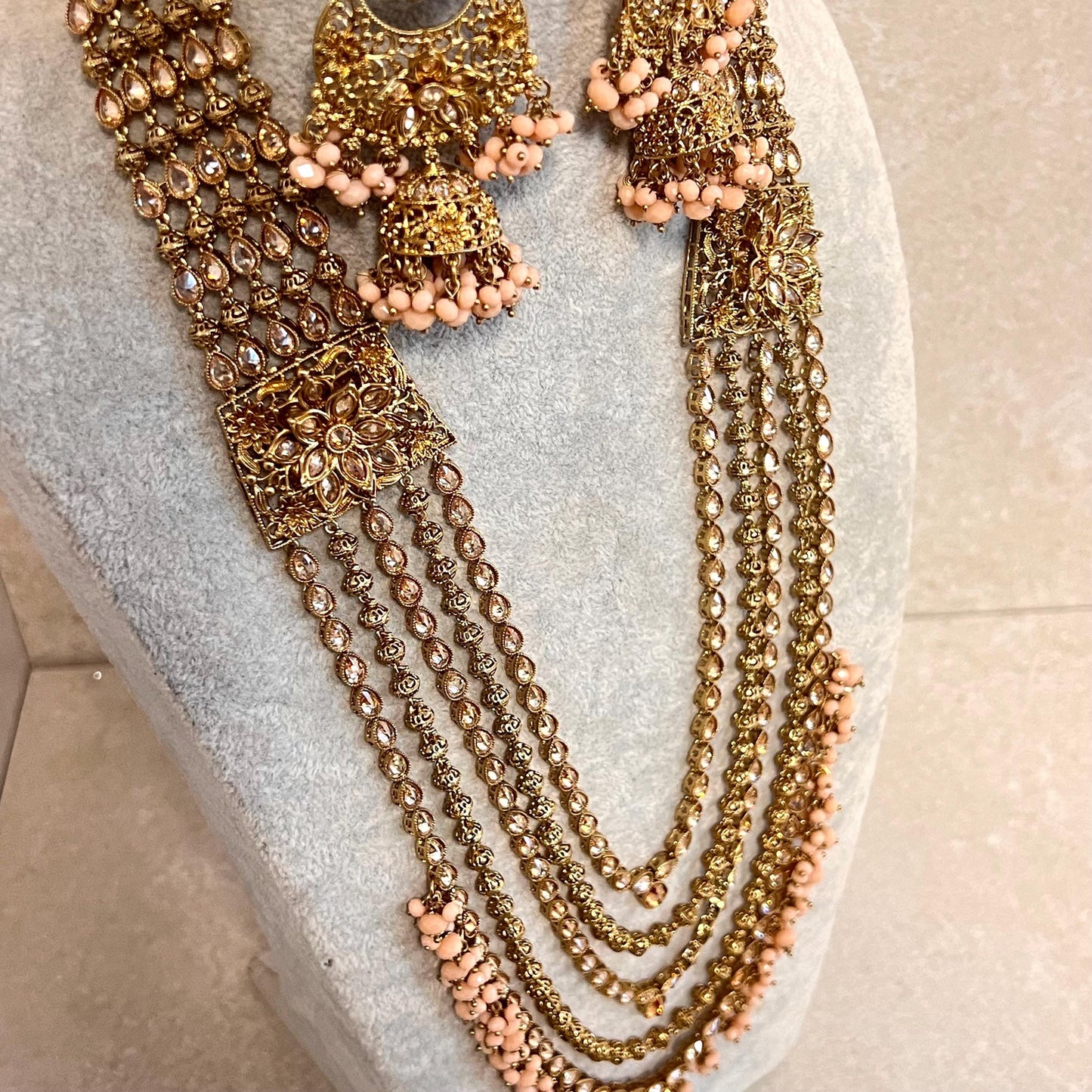 Peach Gold 4 piece Antique Gold Champagne Zircon Long Mala Necklace Jhumka Earring Tikka High Quality Indian Pakistani Punjabi Style Gift