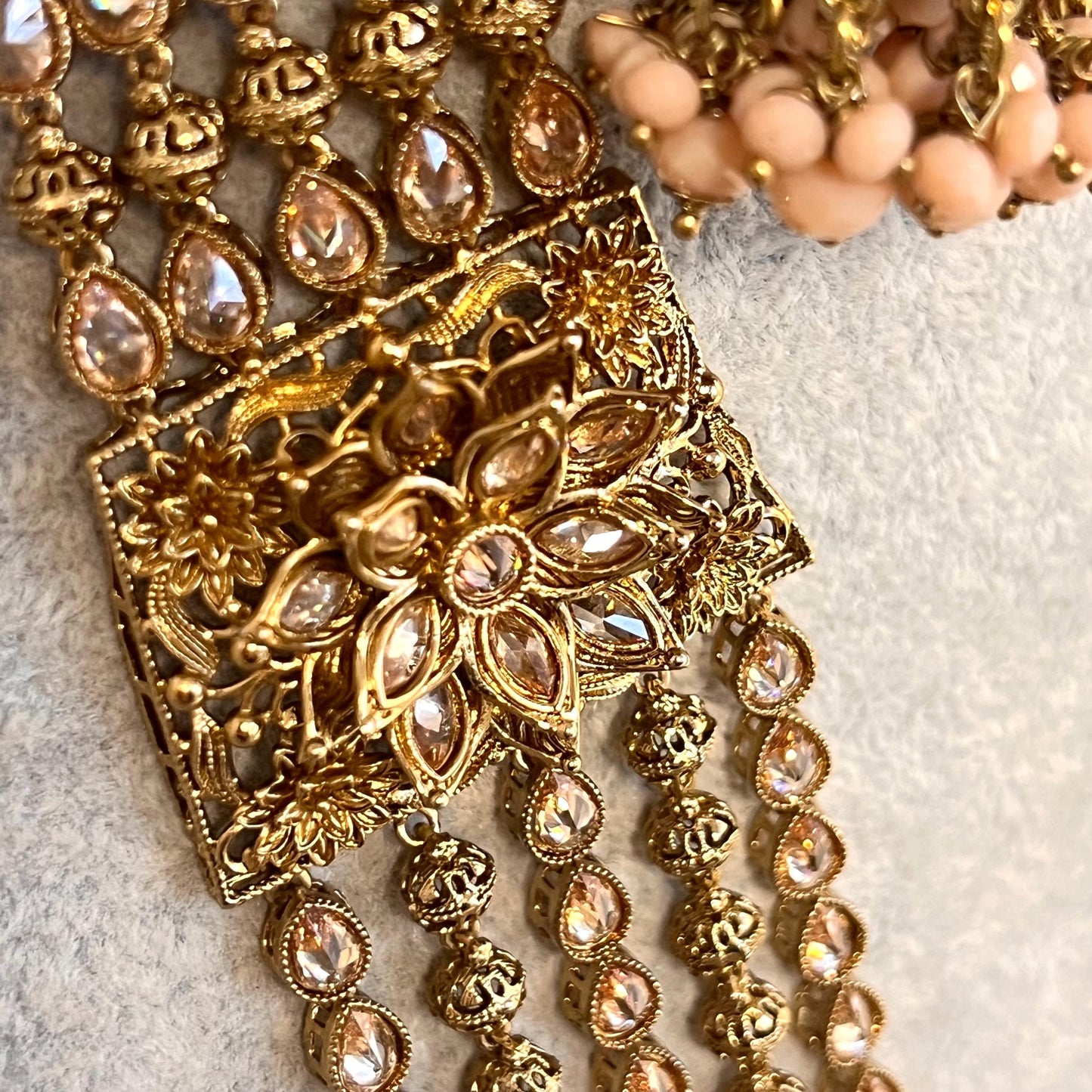 Peach Gold 4 piece Antique Gold Champagne Zircon Long Mala Necklace Jhumka Earring Tikka High Quality Indian Pakistani Punjabi Style Gift