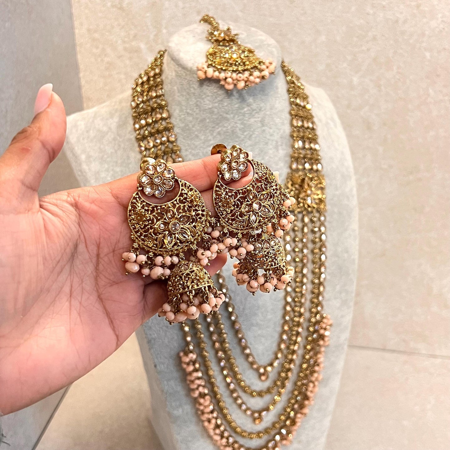 Peach Gold 4 piece Antique Gold Champagne Zircon Long Mala Necklace Jhumka Earring Tikka High Quality Indian Pakistani Punjabi Style Gift